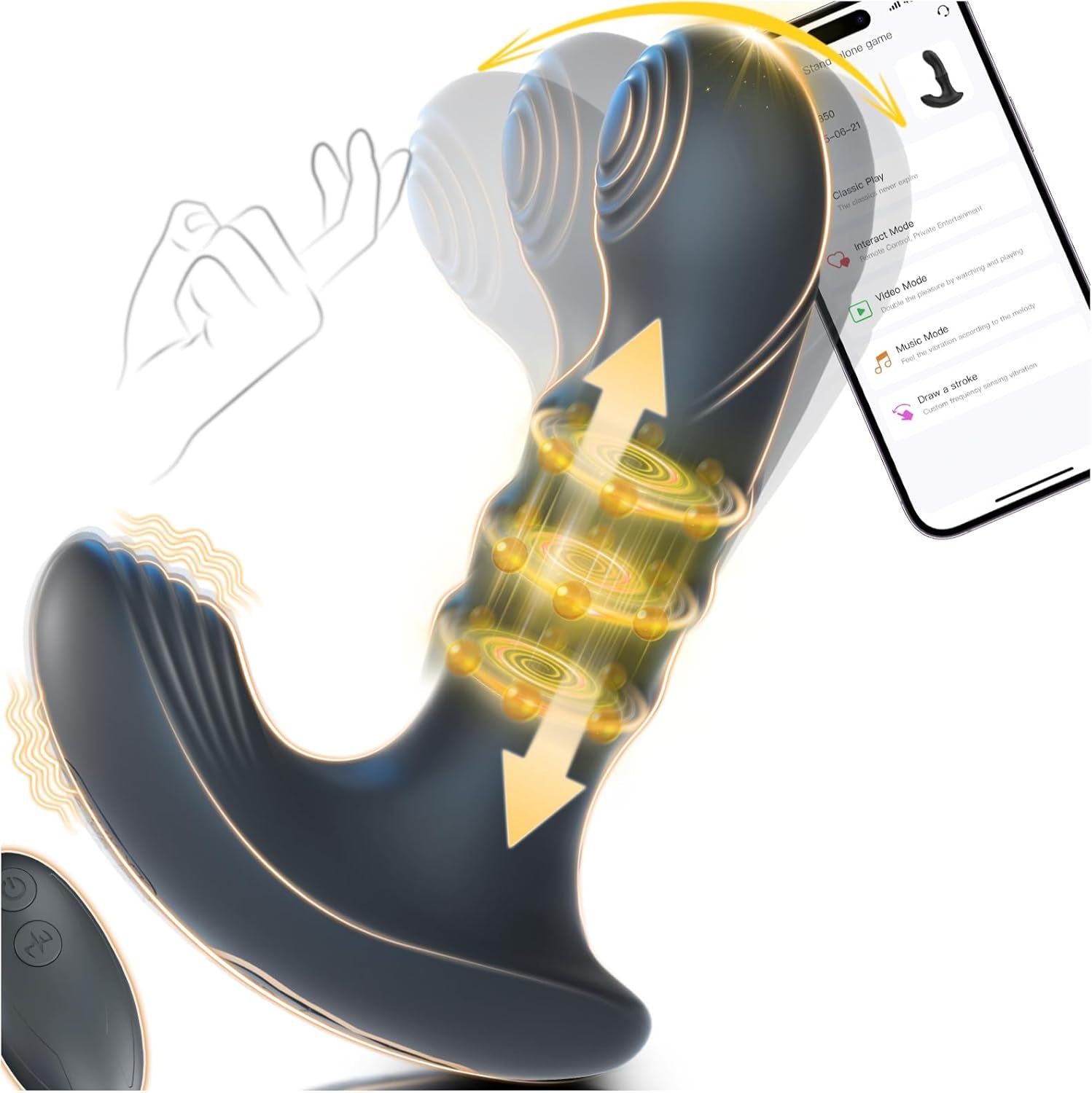 Wiggling Prostate Massager with Beaded Thrusting Ring, Vibrating Anal Butt Plug, App Remote Control Anal Male Adult Sex Toys for Men Women Couples, Anal Dildo Vibrator Sex Toy Game Play - SinfulX - 