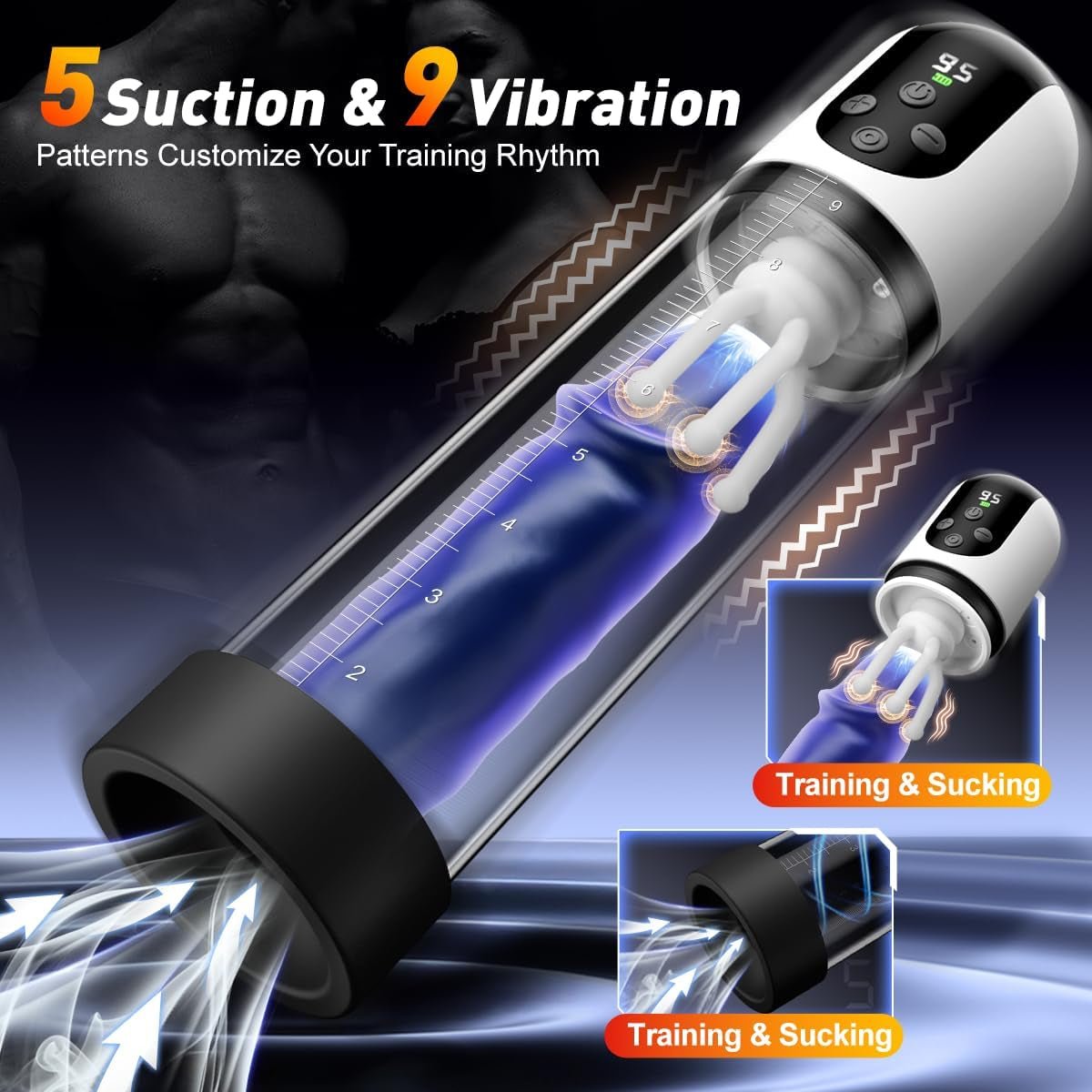 Male Penis Pump Sex Toys for Men, 3 - In - 1 Dick Enlarger Penis Extender & Male Masturbator, Detachable Glans Trainer with 5 Suction & 9 Vibration, Adult Sex Toys with Pocket Pussy for Men Masturbation - SinfulX - 