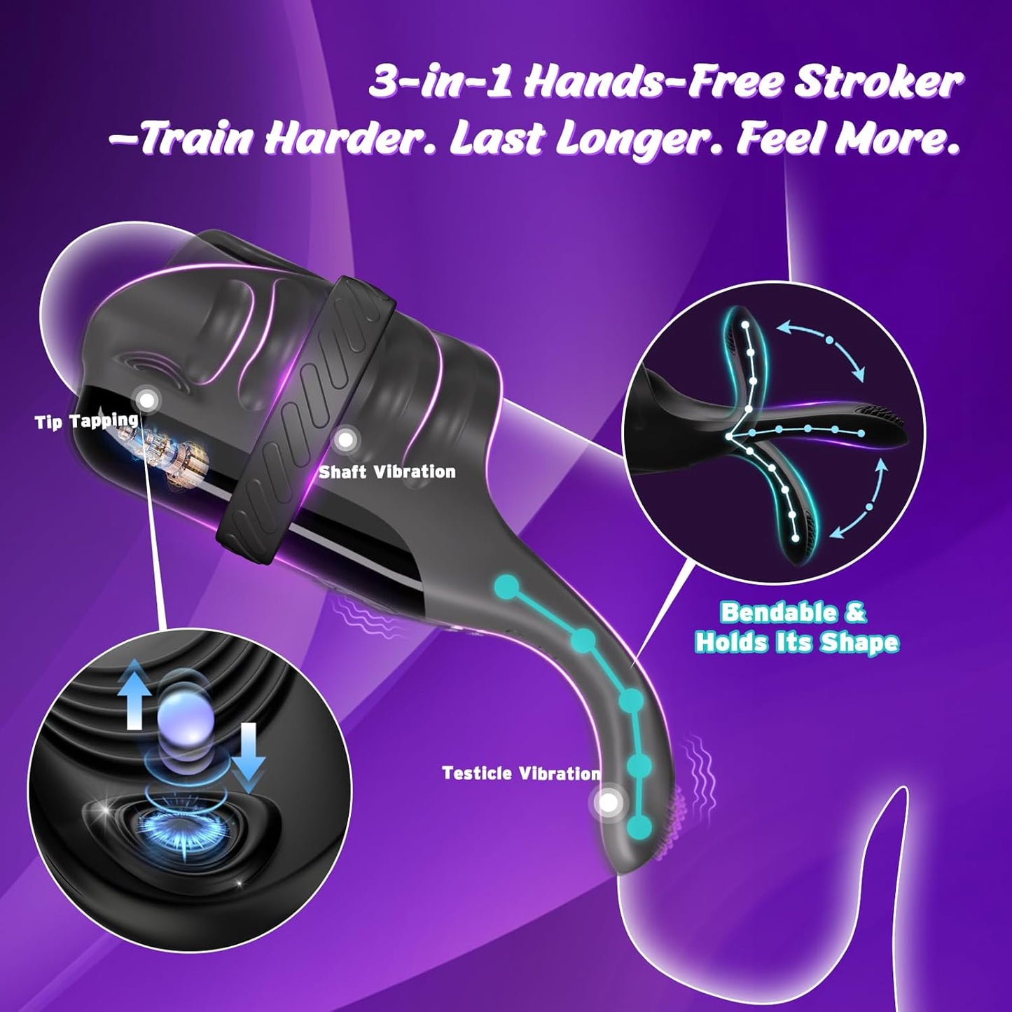 Tapping Vibrating Male Masturbator with Bend - To - Fit Testicle Vibrator, Hands Free Penis Vibrator Stroker Trainer with Cock Ring, Adult Sex Toys for Men, Mens Vibrating Blowjob Sex Machine Masturbation - SinfulX - 