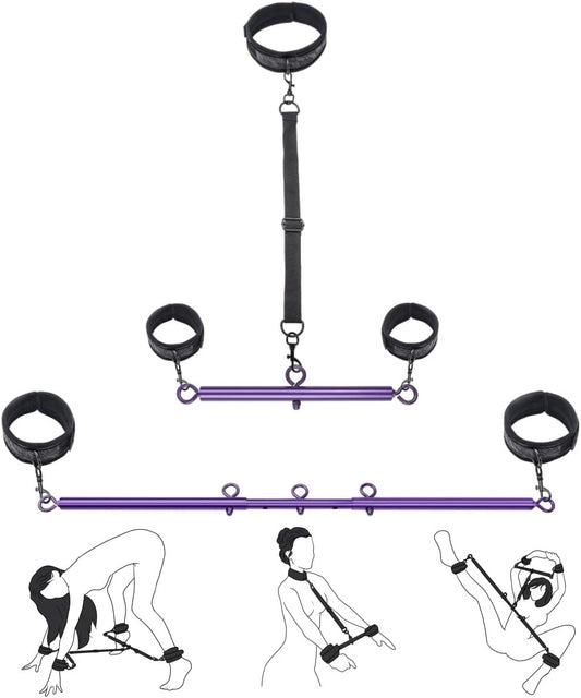 Spreader Bar BDSM Bondage Restraints Kits with Wrist Ankle Neck Collar Adjustable Handcuffs Sex Toys SM Games for Men Women and Couples (Purple) - SinfulX - 