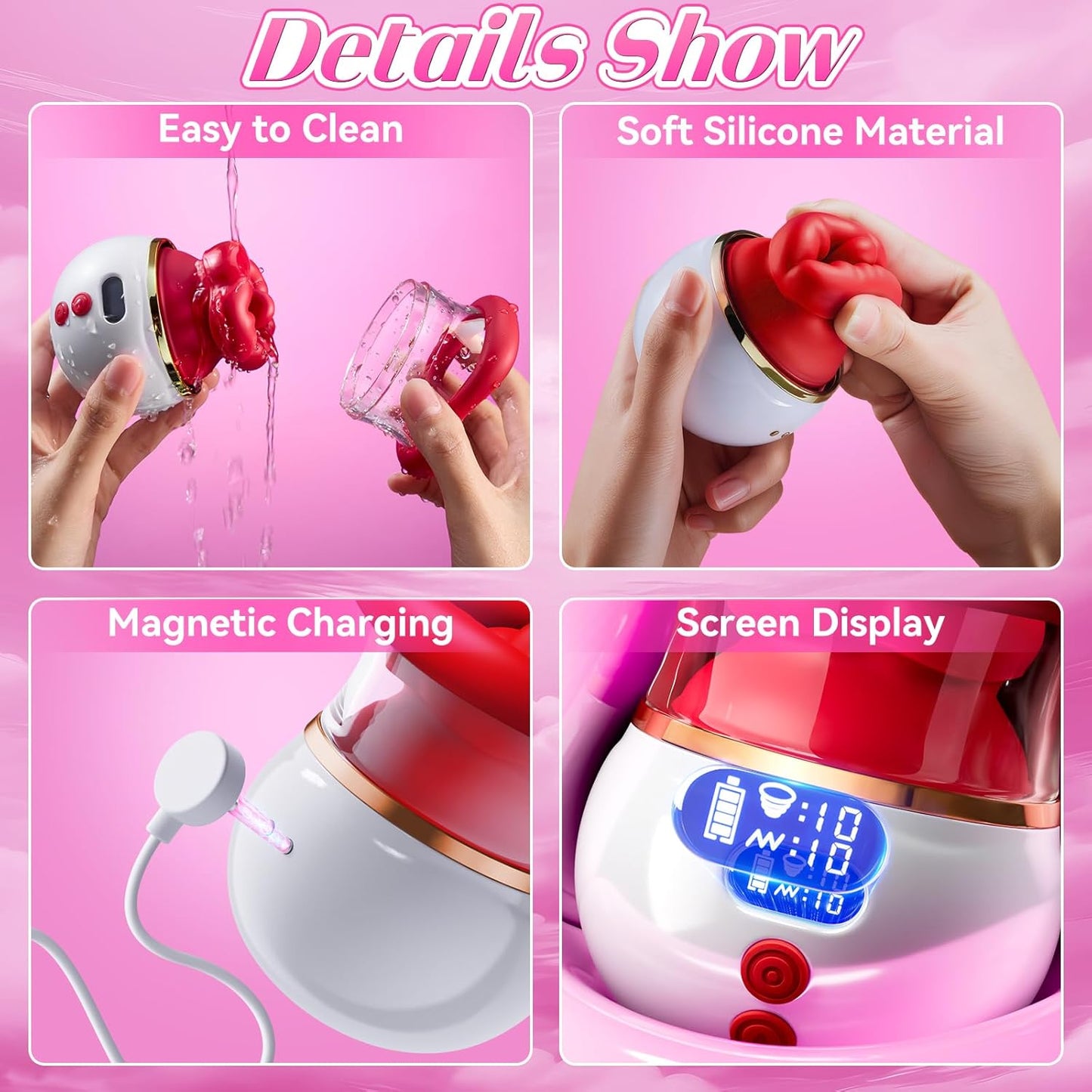 Sucking Vibrator Rose Sex Toy - 5 in 1 Kiss Lover Women Sex Toys Mouth Vibrator Tongue Toy with LCD, 10 Sucking & 10 Tongue Licking & 10 Vibrating, Clit Nipple & Anal Toys for Female Couples - SinfulX - 