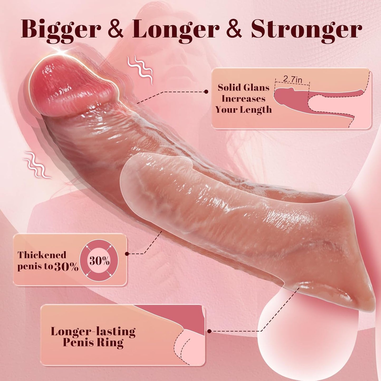 Penis Sleeve Vibrator Sex Toys for Men, Reusable 8.5'' Silicone Vibrating Cock Ring with 10 Modes, Cock Sleeve with Thickened Testicle Penis Ring, Delay Ejaculation Penis Extender for Male Couples - SinfulX - 