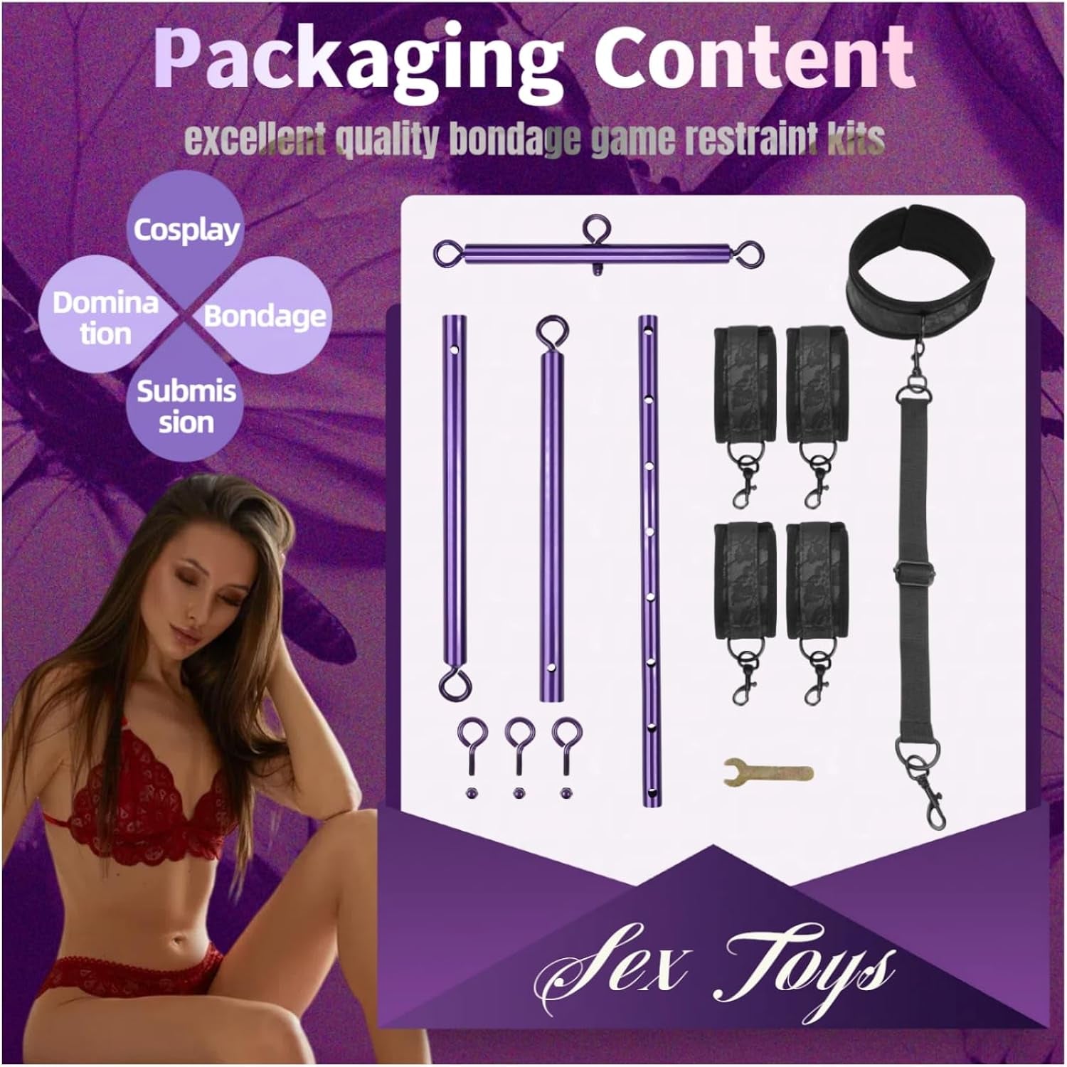 Spreader Bar BDSM Bondage Restraints Kits with Wrist Ankle Neck Collar Adjustable Handcuffs Sex Toys SM Games for Men Women and Couples (Purple) - SinfulX - 