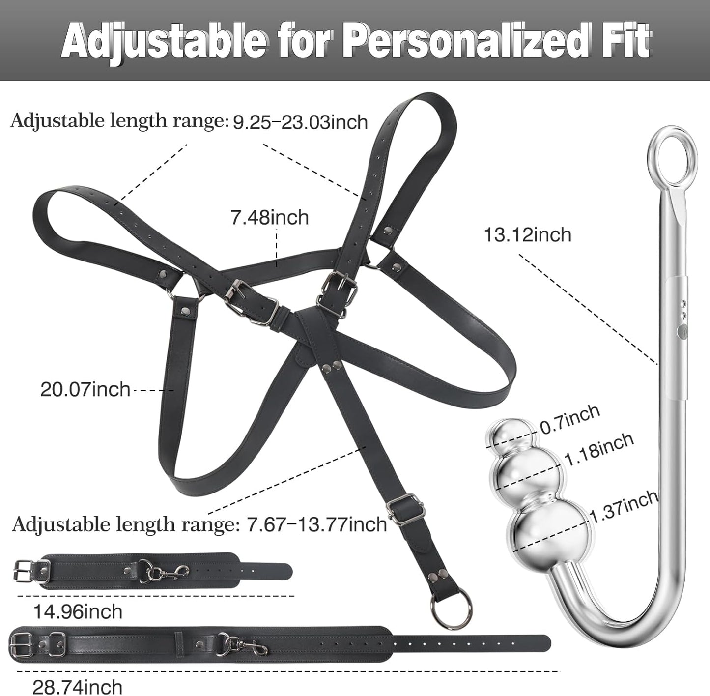 Vibrating Anal Hook BDSM Sex Bondage Restraints Kit, Thigh Sling Chest Harness behind Back Handcuffs, 3 Balls Anal Trainer with 9 Vibration Modes, SM Fetish Unisex Sex Toys for Couples - SinfulX - 