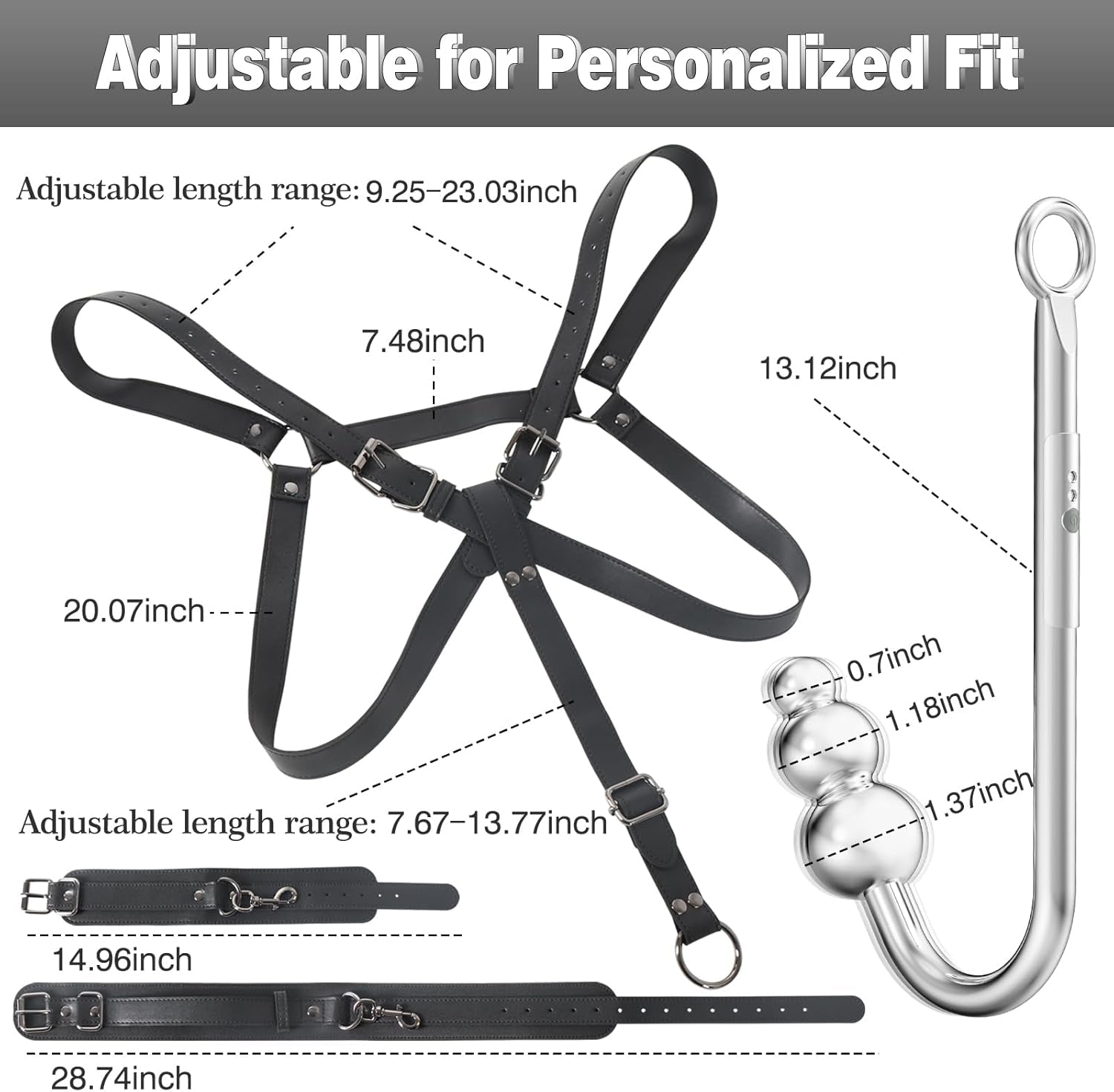Vibrating Anal Hook BDSM Sex Bondage Restraints Kit, Thigh Sling Chest Harness behind Back Handcuffs, 3 Balls Anal Trainer with 9 Vibration Modes, SM Fetish Unisex Sex Toys for Couples - SinfulX - 