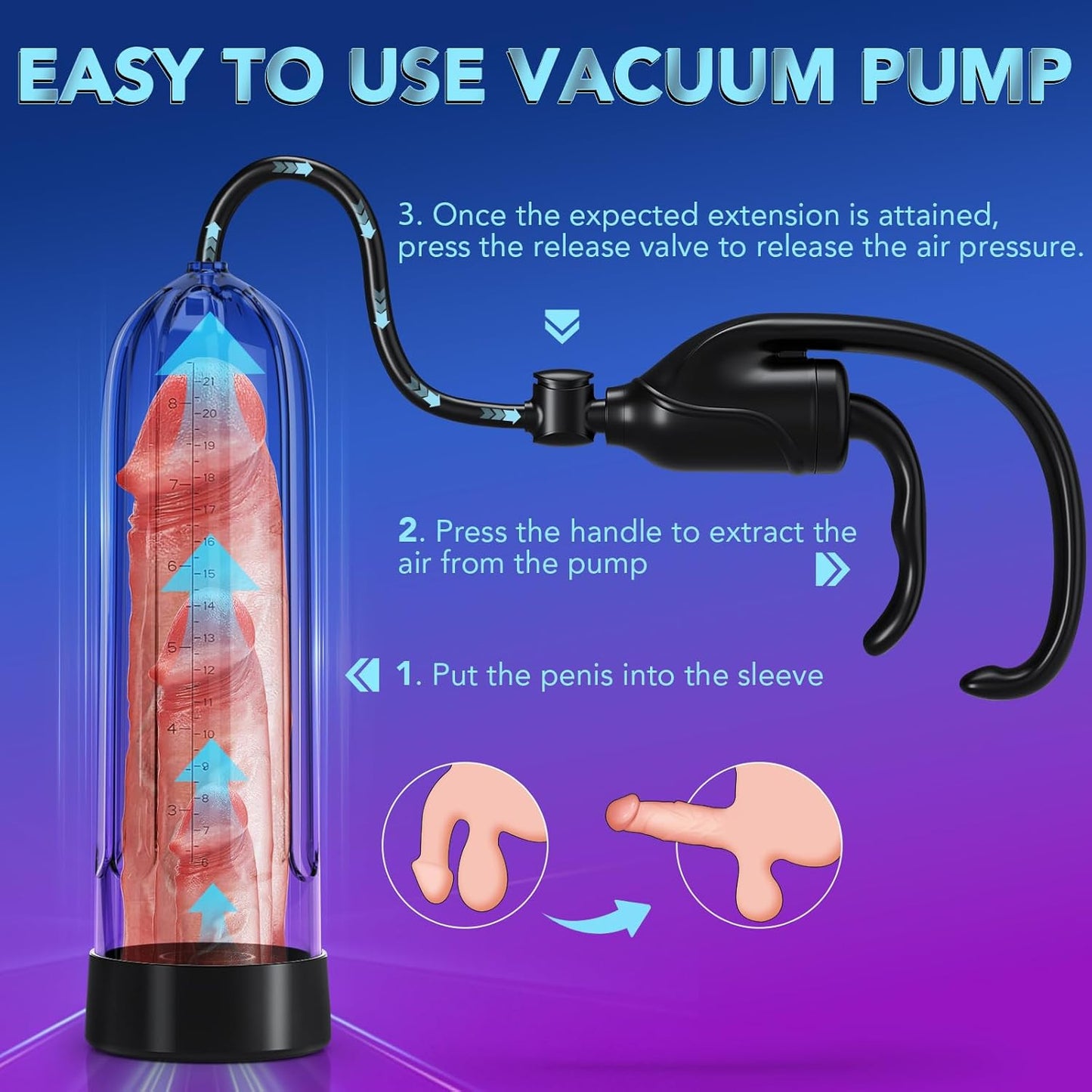 Penis Enlarge Vacuum Pump, Manual Pennis Extender Enlarger Enlargement Pump Air Pressure Device, Adult Male Sex Toys for Men Stronger Bigger Erections with 2 Suction Sleeve & 6 Penis Rings and Lube - SinfulX - 