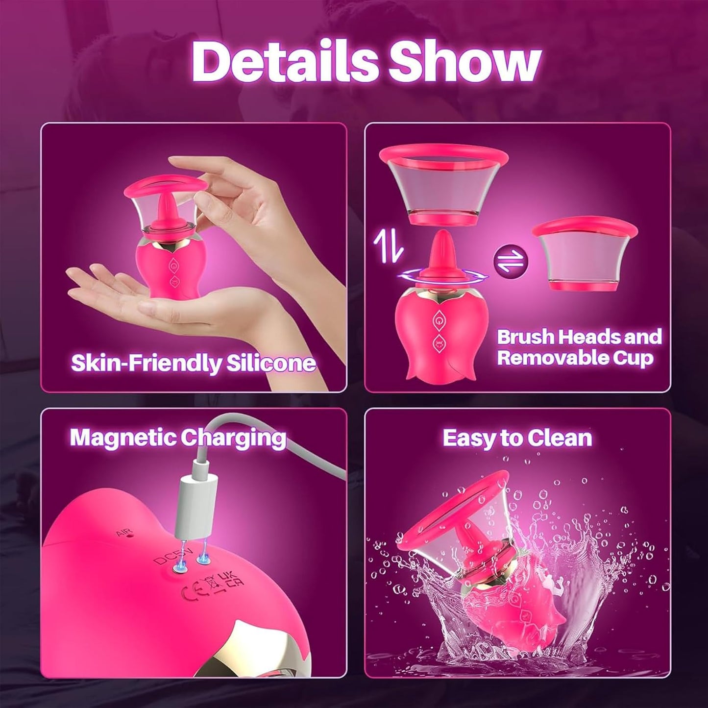 Sucking Vibrator Rose Toy with 3 Brush Heads 2 Removable Cups, Adult Sex Toys Clit Sucker for Clitoral Nipple Stimulation, Nipple Sex Toy Vibrators with 12 Rotation for Women or Couples - SinfulX - 