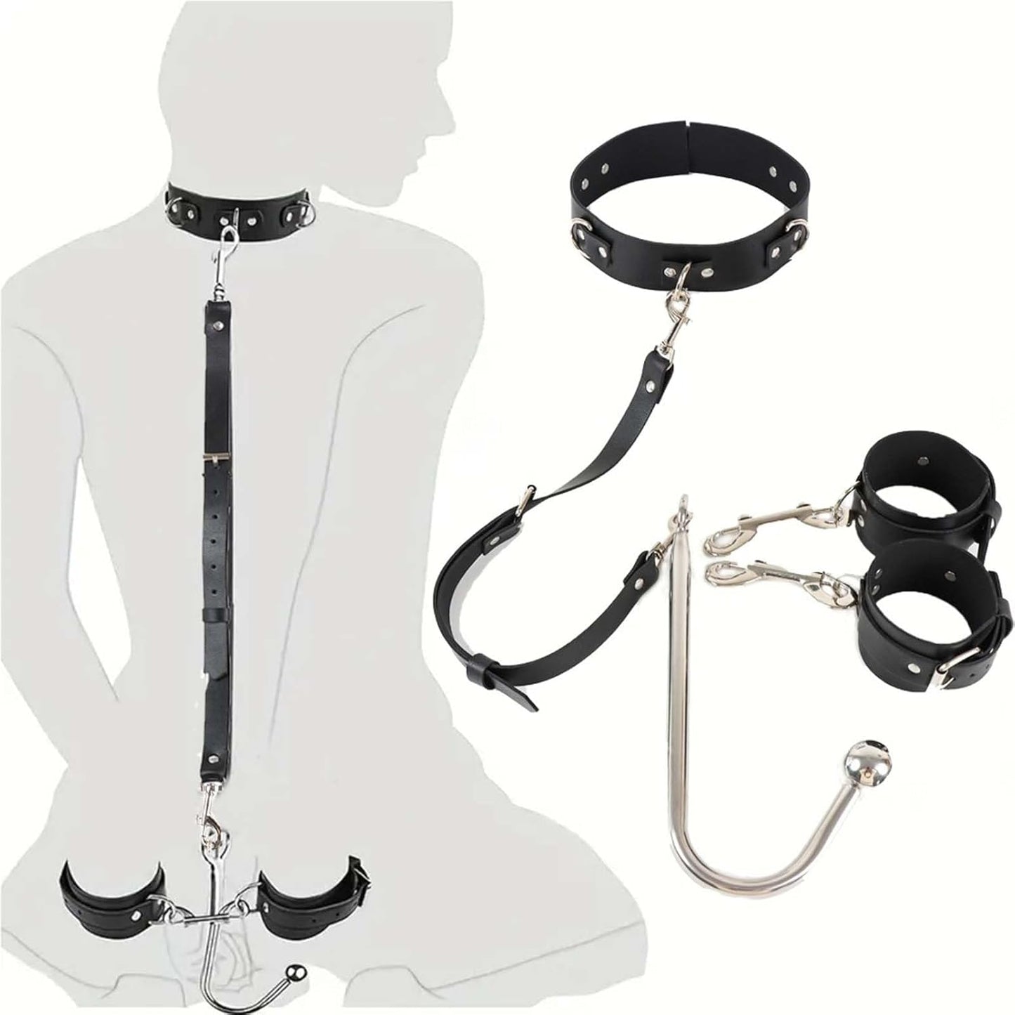Anal Hook BDSM Set - Neck to Wrist Restraints Sex BDSM Kit Bondage Collar Sex Harness Bondage Gear & Accessories Bondage Toys for Couple Valentines & Halloween Roleplay Gift - SinfulX - 