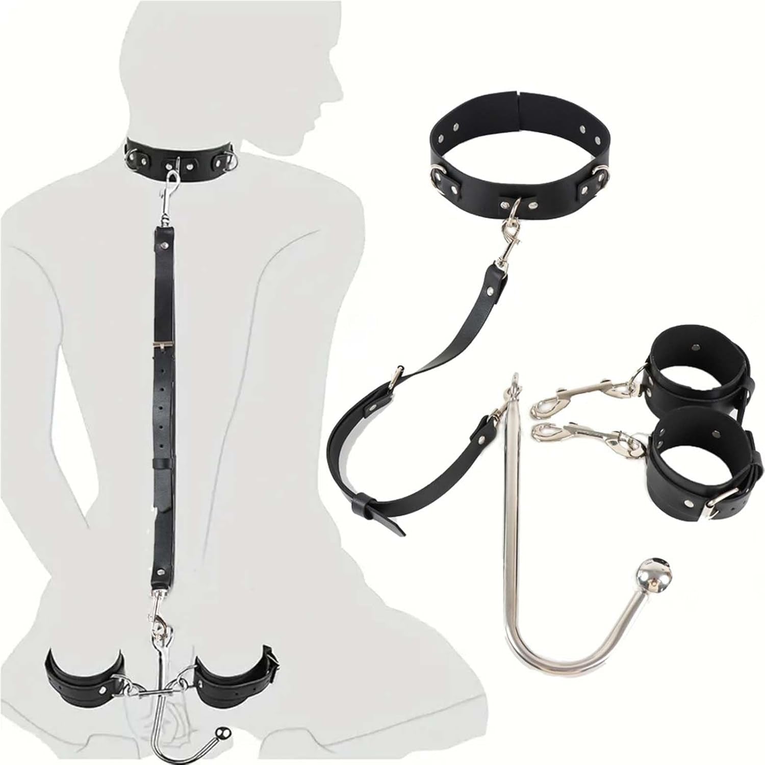 Anal Hook BDSM Set - Neck to Wrist Restraints Sex BDSM Kit Bondage Collar Sex Harness Bondage Gear & Accessories Bondage Toys for Couple Valentines & Halloween Roleplay Gift - SinfulX - 