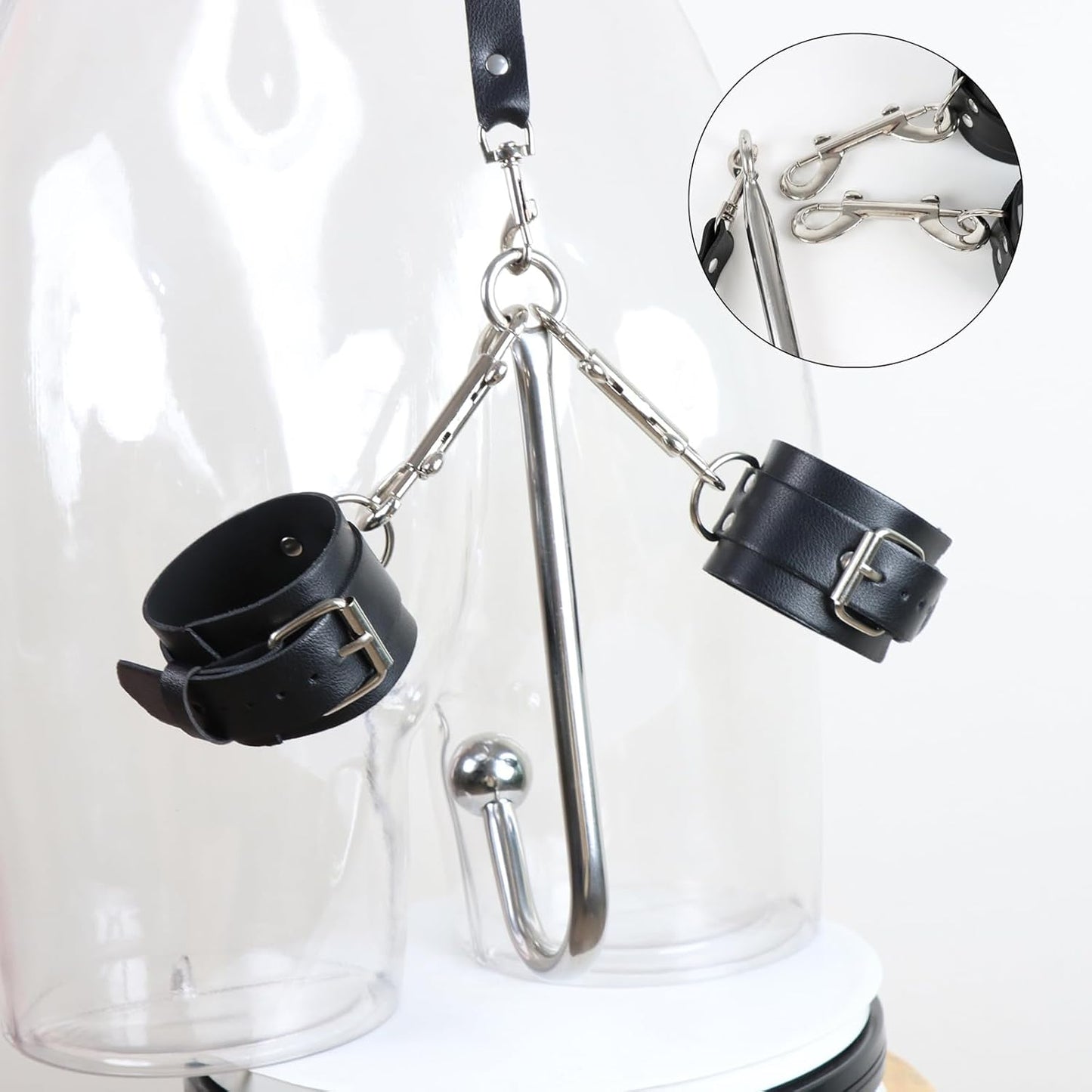 Anal Hook BDSM Bondage Set with Adjustable Handcuffs & Collar Leather Restraints Kit with Towing Chain Anal Plug Sex Toy for Adults Erotic Slave Games Foreplay - SinfulX - 