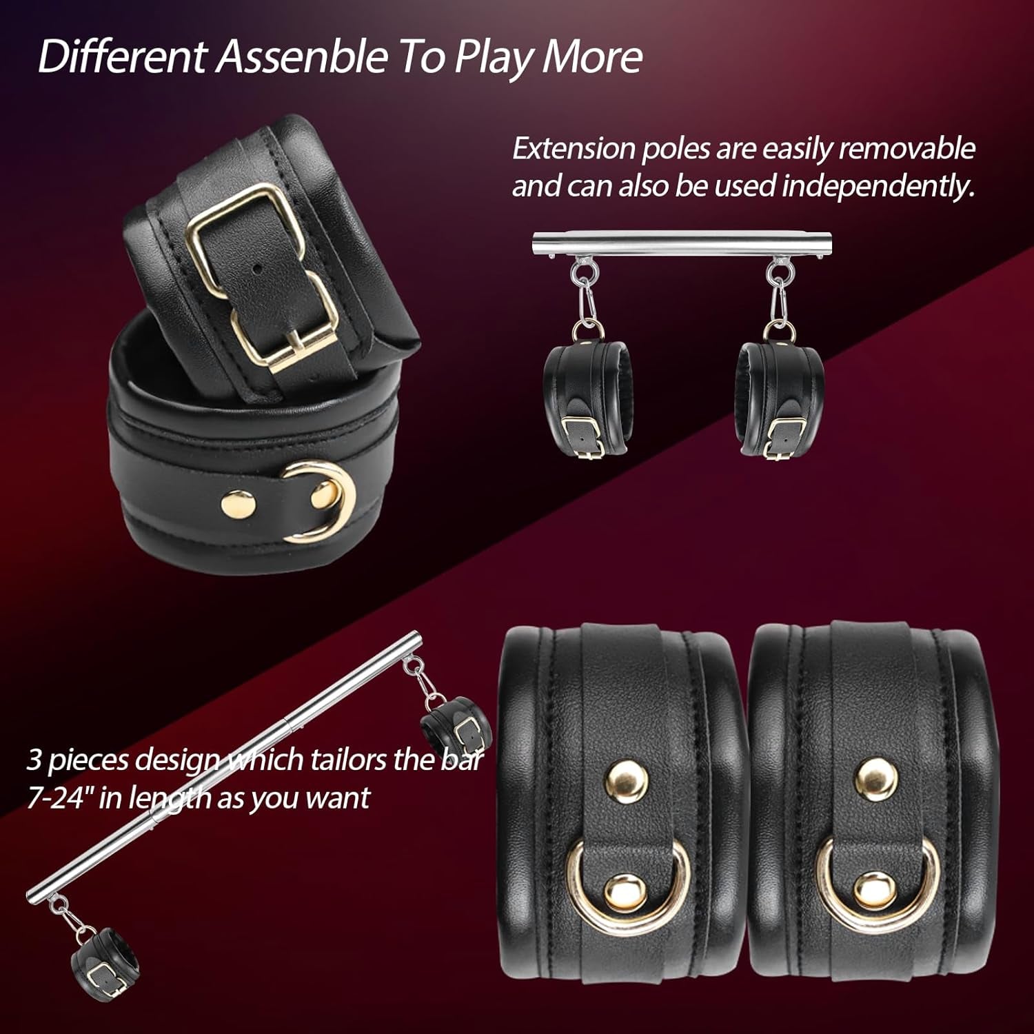 BDSM Bondage Restraints with Handcuffs Ankle Cuffs for Couples Spreader Bar Sex Toys Bondage Gear & Accessories Adjustable Bondage Kit Adult Sex Toys & Games - SinfulX - 