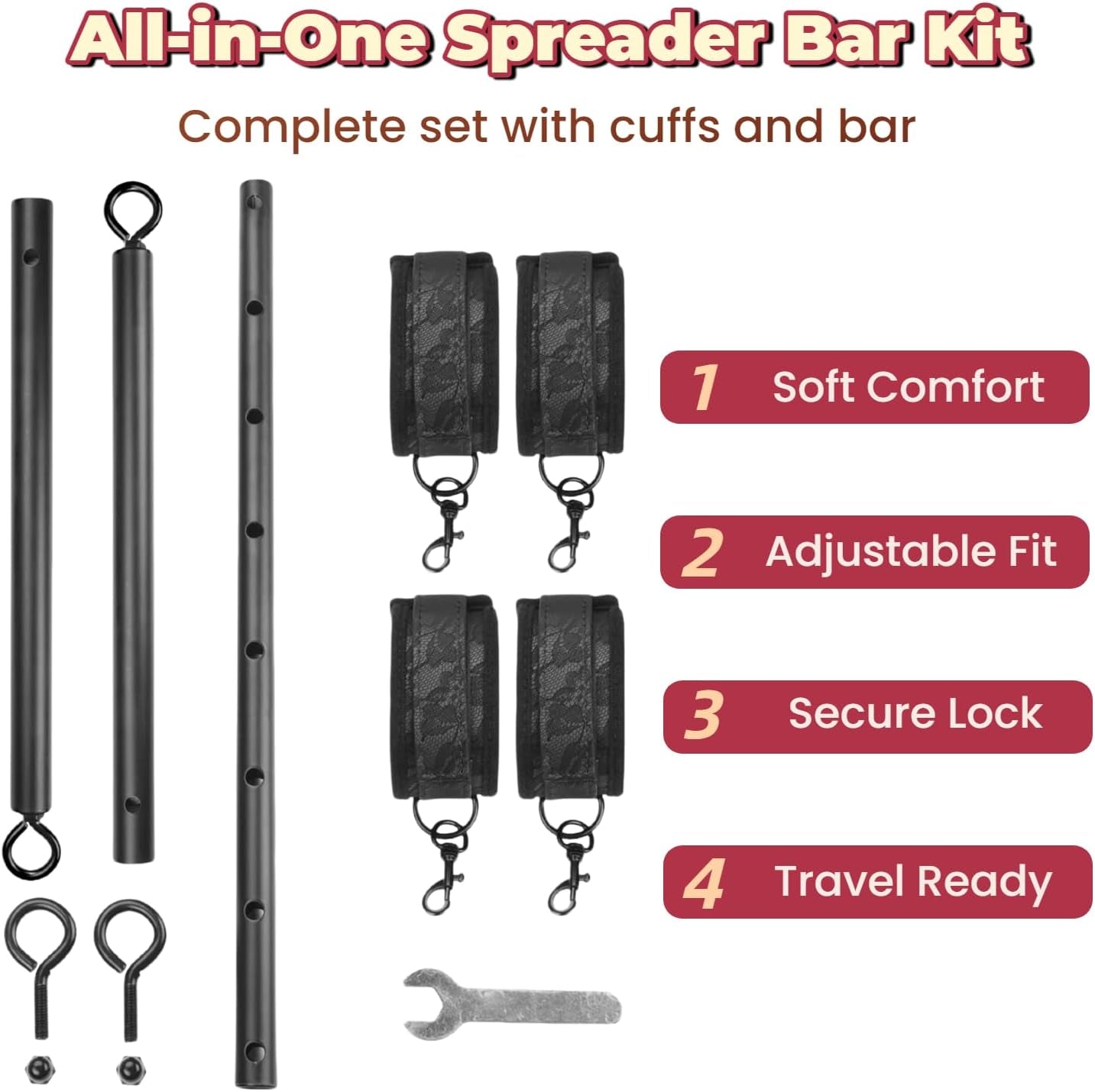 Spreader Bar Sex Toys BDSM Bondage Restraints with Handcuffs Ankle Cuffs for Couples Adults SM Games Adjustable 22 - 36 Inch - SinfulX - 
