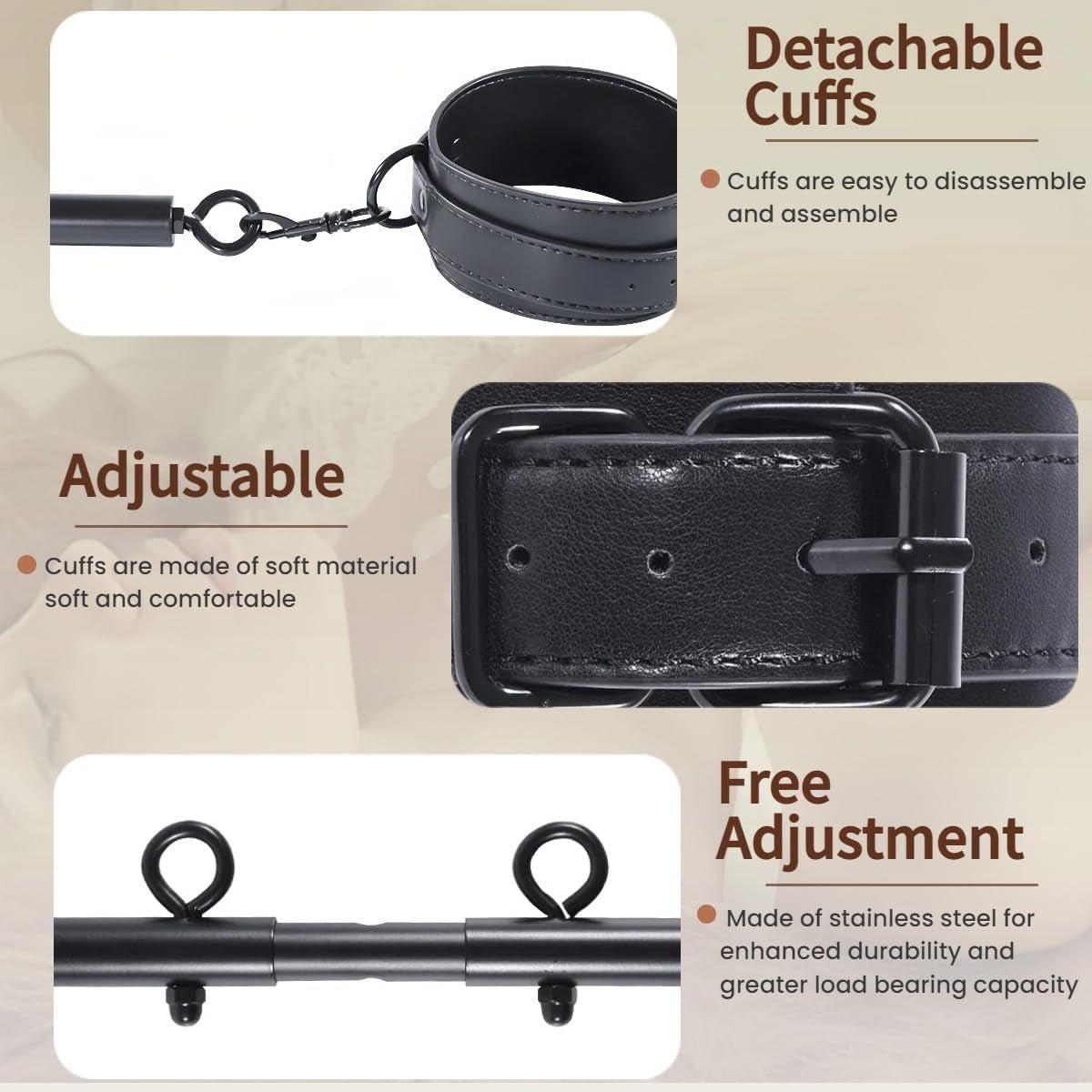 Spreader Bar BDSM Bondage Restraints Kits Sex Toys with Wrist Ankle Neck Collar Cuffs PU Leather Handcuffs Adjustable Adult Couples Toys for SM Games - SinfulX - 