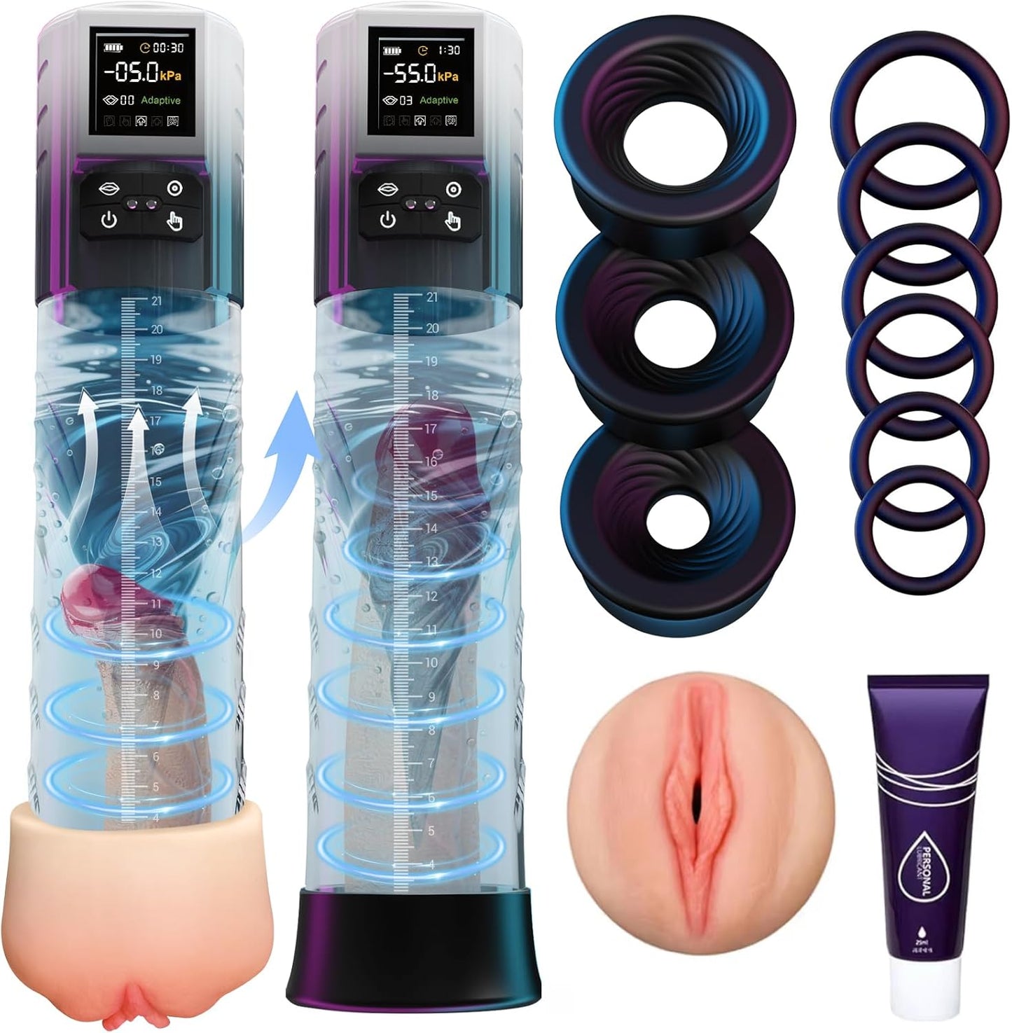 Penis Pump Sex Toys, Pussy Pump Sex Toys for Men Dick Pump with Adaptive Mode and 6 Sucking Modes, Sex Toys - Pumps & Enlargers Adult Toys for Penis Extender Penis Pumps with 6 Penis Rings - SinfulX - 