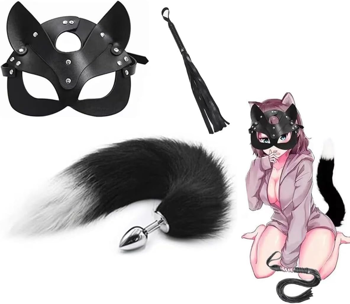 NightFeral Tail Anal Plug Mask Whip BDSM Cosplay Set - SinfulX - 