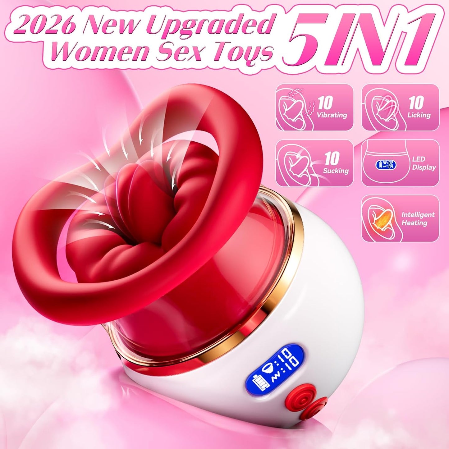 Sucking Vibrator Rose Sex Toy - 5 in 1 Kiss Lover Women Sex Toys Mouth Vibrator Tongue Toy with LCD, 10 Sucking & 10 Tongue Licking & 10 Vibrating, Clit Nipple & Anal Toys for Female Couples - SinfulX - 