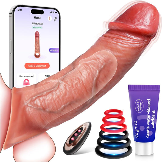 Penis Sleeve Male Vibrator with 6 Cock Rings -  5IN1 Realistic Cock Sleeve Prolong Adult Toys, Smart App & Remote Control Penis Ring with Multiple Vibrations, Male Sex Toys for Men Couples