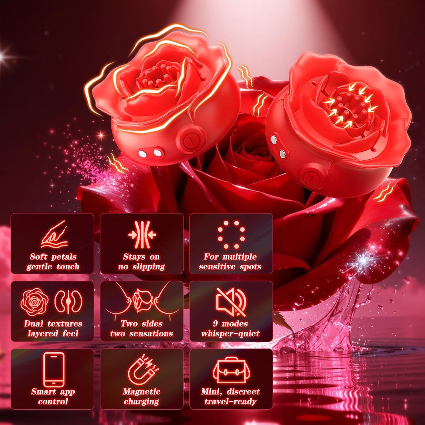 Nipple Sex Toys Vibrator – Rose Vibrating Nipple Clamps & Nipple Toy with Soft Silicone, Adjustable Petal Texture, 9 Vibration Modes, APP Control & Magnetic Dual Charging for Women & Couples