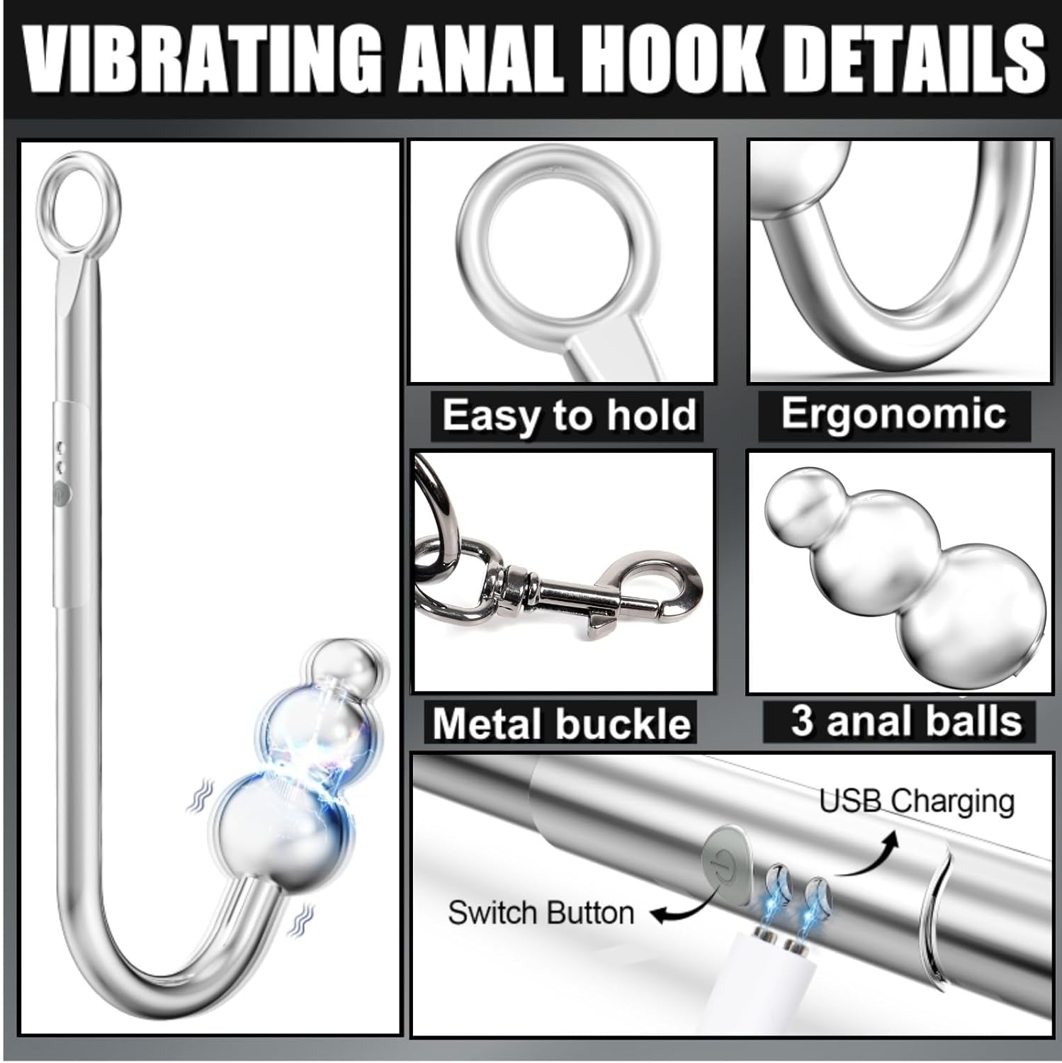 Vibrating Anal Hook BDSM Sex Bondage Restraints Kit, Thigh Sling Chest Harness behind Back Handcuffs, 3 Balls Anal Trainer with 9 Vibration Modes, SM Fetish Unisex Sex Toys for Couples - SinfulX - 