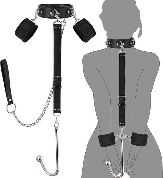Bondage Collar Anal Hook Sex Leash Bondage Harness Set with Adjustable Handcuffs & Chain Leash Collar SM Adult Toys Sex Game Accessories (New Anal Hook Set) - SinfulX - 