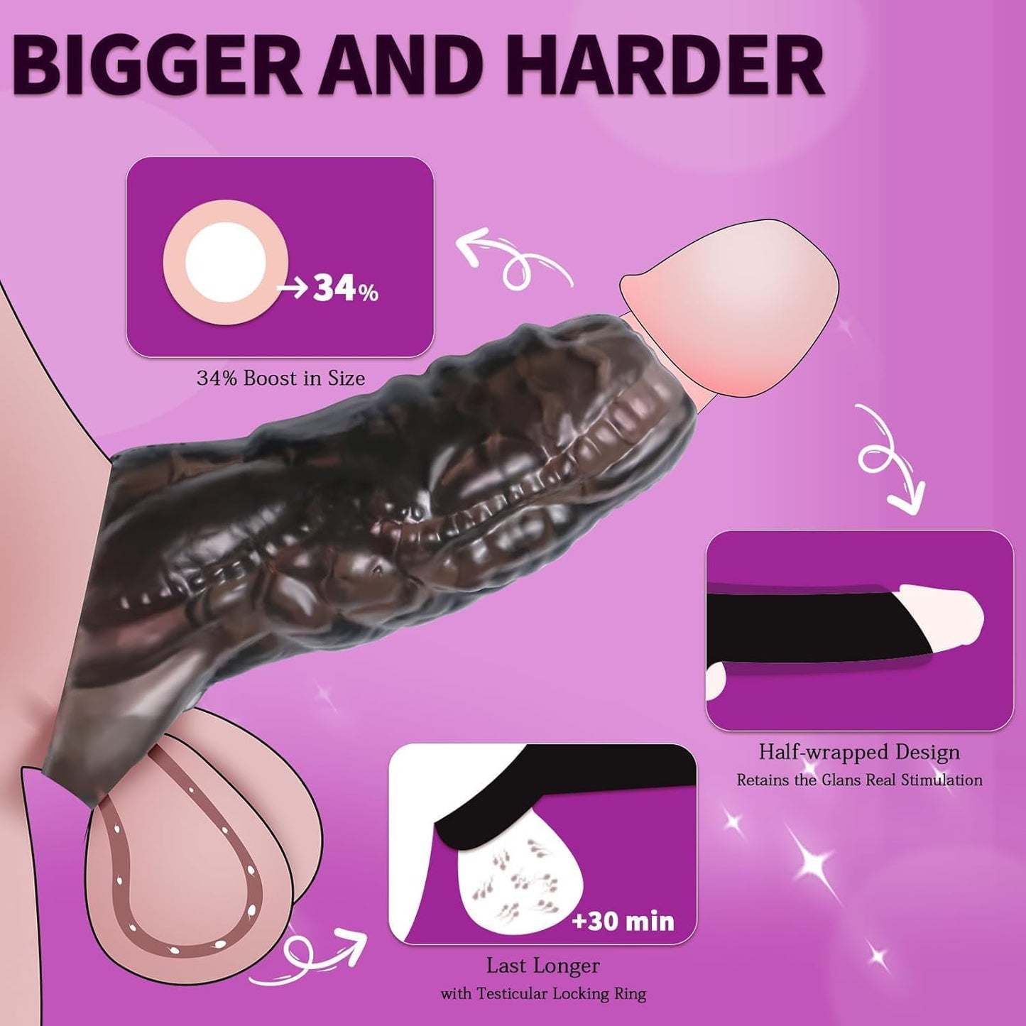 Monster Penis Sleeve with 3 Textures, Girth Enhancer for Men, Soft Silicone Cock Extender, Reusable Penis Sheath for Enlarge & Delay, Realistic Veins Sex Toys for Couples(Black) - SinfulX - 