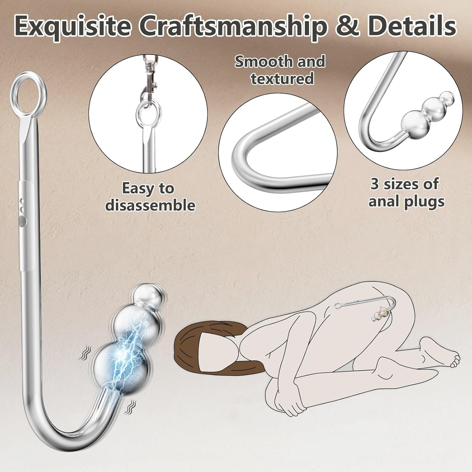Vibrating Anal Hook BDSM Sex Bondage - Neck to Wrist Restraints Kit, Sex Toys for Couple Adjustable Back Handcuffs Bondage Restraints Set, Bed SM Adult Sex Game Play, Sex Toys for Beginner - SinfulX - 