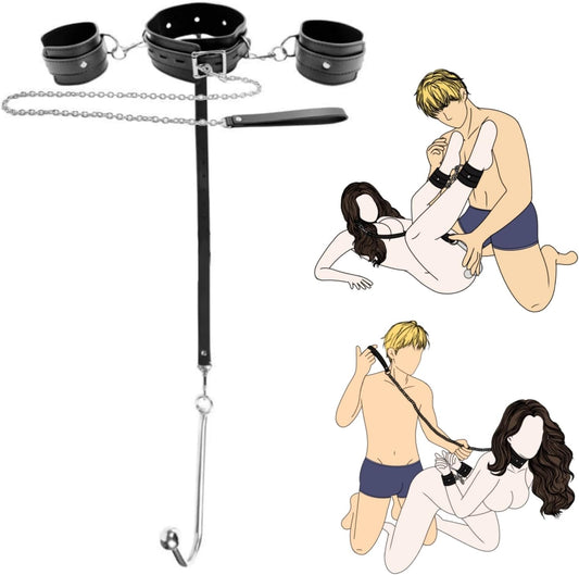 Anal Hook Sex Bondage Restraints Kit BDSM Sex Toys Handcuffs Neck Collar Wrist Cuffs with Traction Chain Adjustable Sex Game for Adults Couples - SinfulX - 