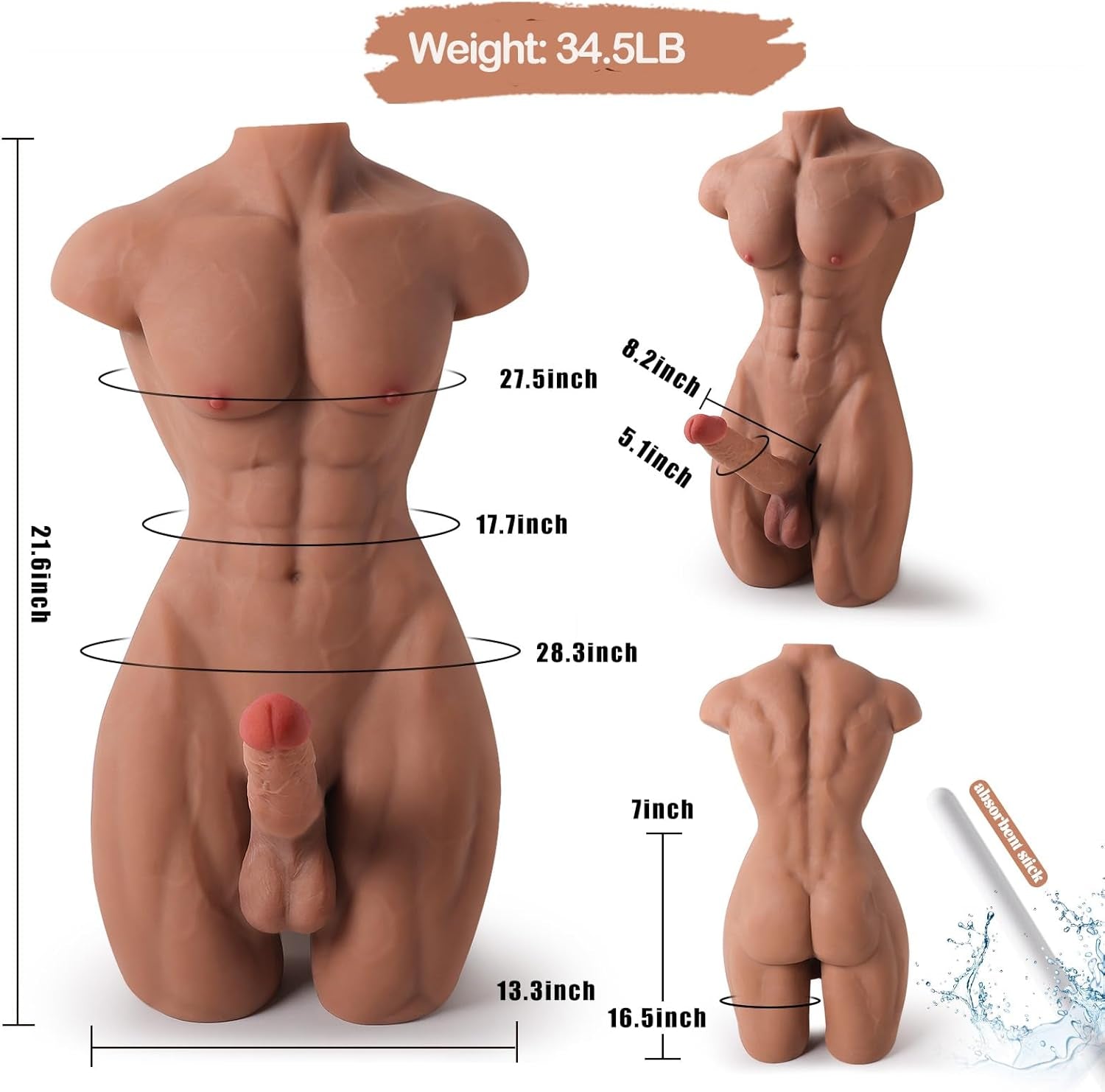 Male Sex Doll Torso with 8In Huge Dildo Tight Textured Anal,3D Fullsize Sex Dolls for Women Muscular Penis Dick Sex Toys with Legs, Full Body Gay Sex Toys for Male Masturbator, Couples - Brown - SinfulX - 