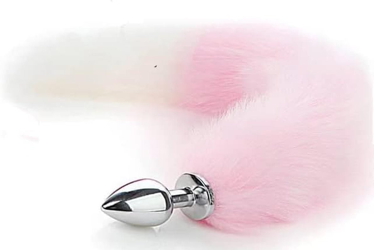 BlushFur Pink White Fox Tail Steel Butt Plug 18" - SinfulX - 