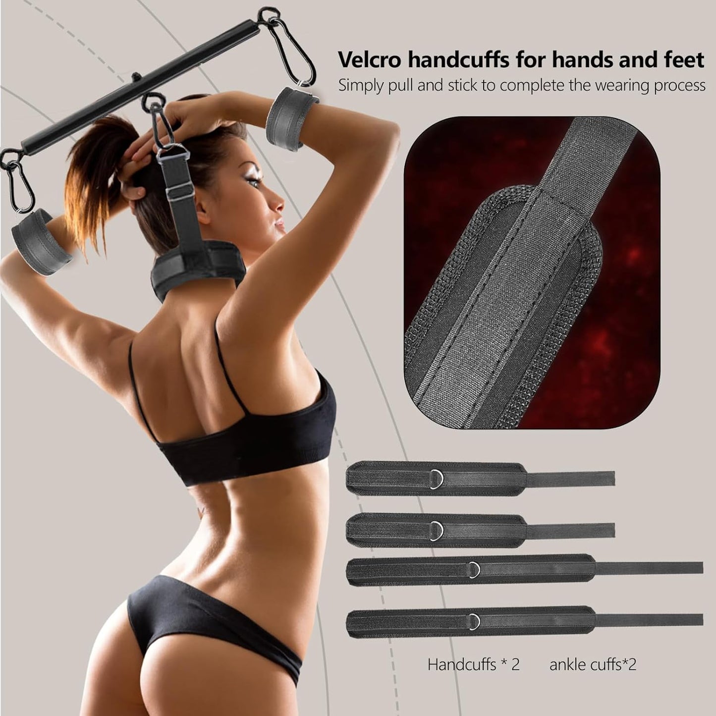 BDSM Bondage Restraints, Versatile Neck to Wrist BDSM Kit with Spreader Bar, Adjustable Handcuffs and Ankle Cuffs, Sex Toys for Couples, Adult Couples Sex Toys for SM Games (22 - 36 Inch) - SinfulX - 