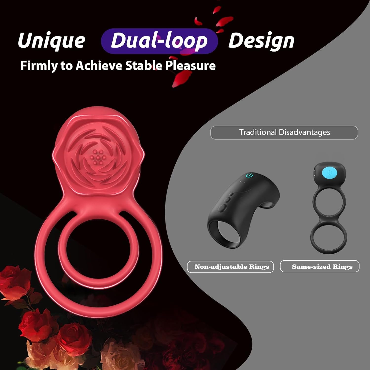 PetalGrip Rose Cock Ring Clit Stimulator 7 Modes Silicone - SinfulX - Personal Care > Sexual Wellness > Couples Cock Ring
