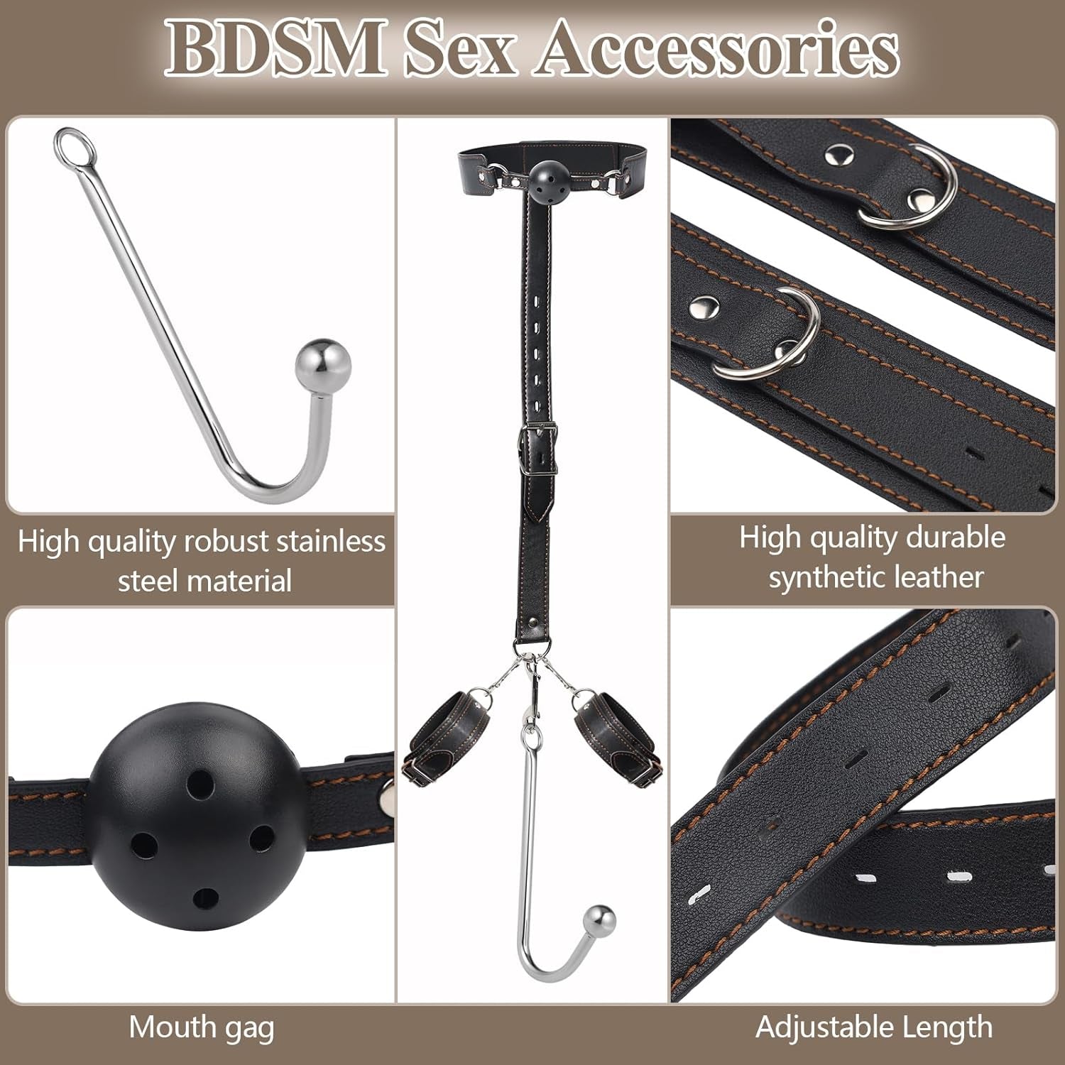 SM Sex Toys Anal Hook BDSM Restraint Kit Sex Bondage with Comfortable and Durable Ball Gags Choker and Adjustable Leather Handcuffs - SinfulX - 