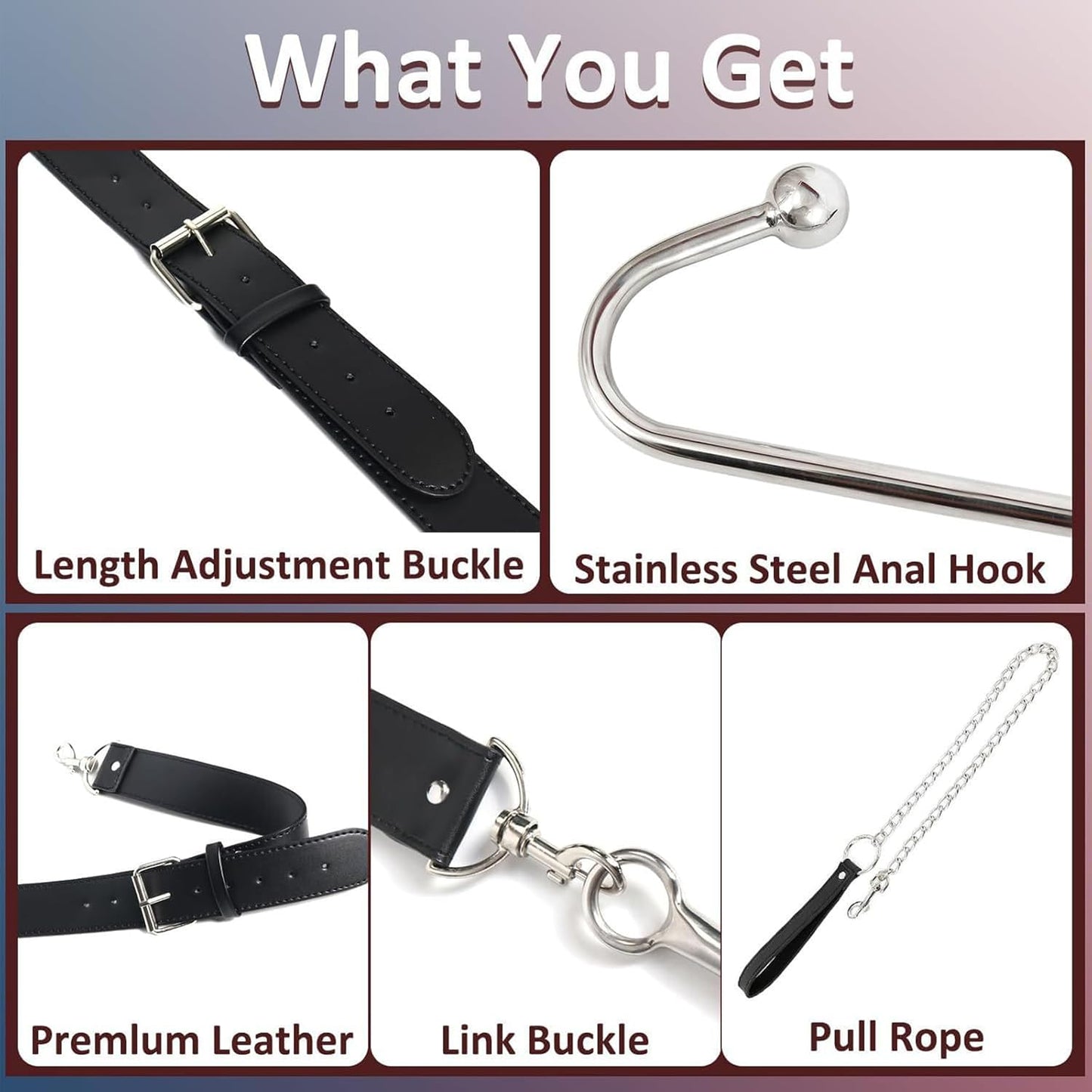 Anal Hook BDSM Bondage Set with Adjustable Handcuffs & Collar Leather Restraints Kit with Towing Chain Anal Plug Sex Toy for Adults Erotic Slave Games Foreplay - SinfulX - 
