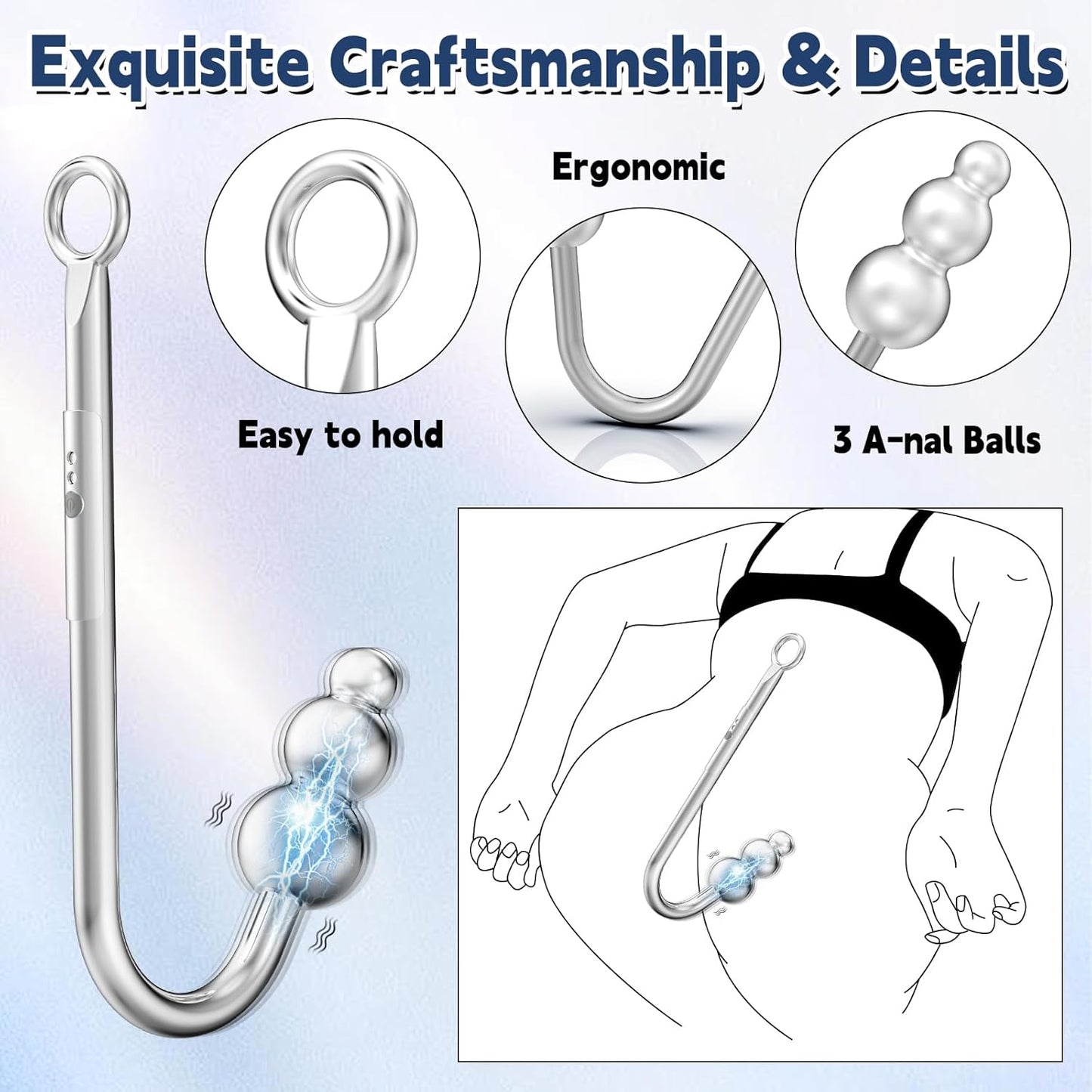 Vibrating Anal Hook Anal Plug, BDSM Anal Vibrator Sex Bondage Restraints Collar Traction Chain Anal Trainer with 9 Vibration Modes, SM Fetish Anal Sex Toys for Beginners Gay Women Couples - SinfulX - 