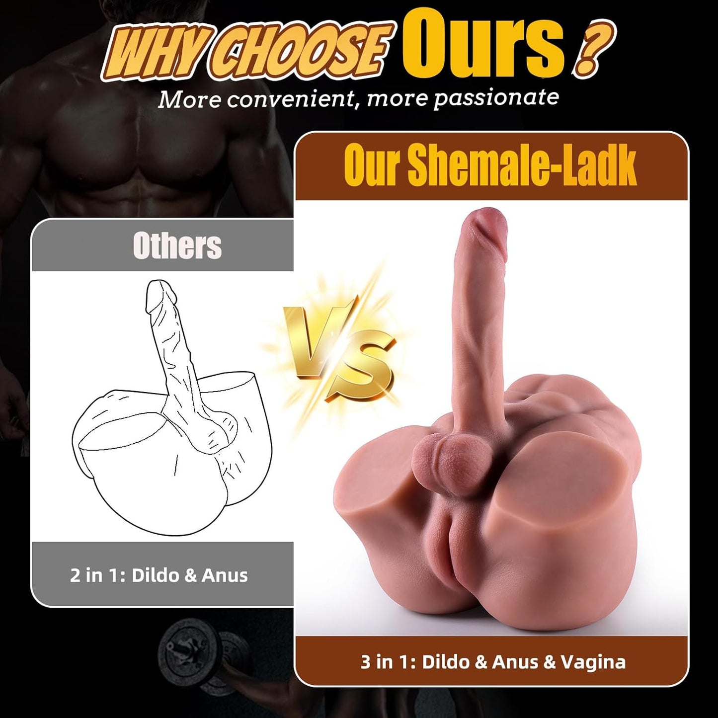 Shemale Sex Doll Butt with Huge Dildo 3D Pussy Ass, Male Sex Doll Torso with Bendable Cock Textured Vagina Anus Holes Adult Trans Sex Toys for Women Masturbation, Gay, and Couples - Wheat 3In1 - SinfulX - 