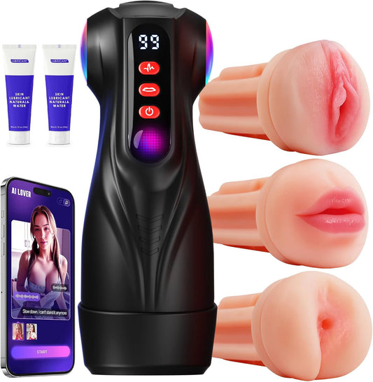 Male Masturbator Sex Toys for Men - AI Sync 3 Sleeves Mens Sex Toy Adult Toys with 9 Sucking & 9 Vibrating, Pocket Pussy Penis Pump Colorful Lighting Male Stroker Blowjob Erotic Massage Kits - SinfulX - 