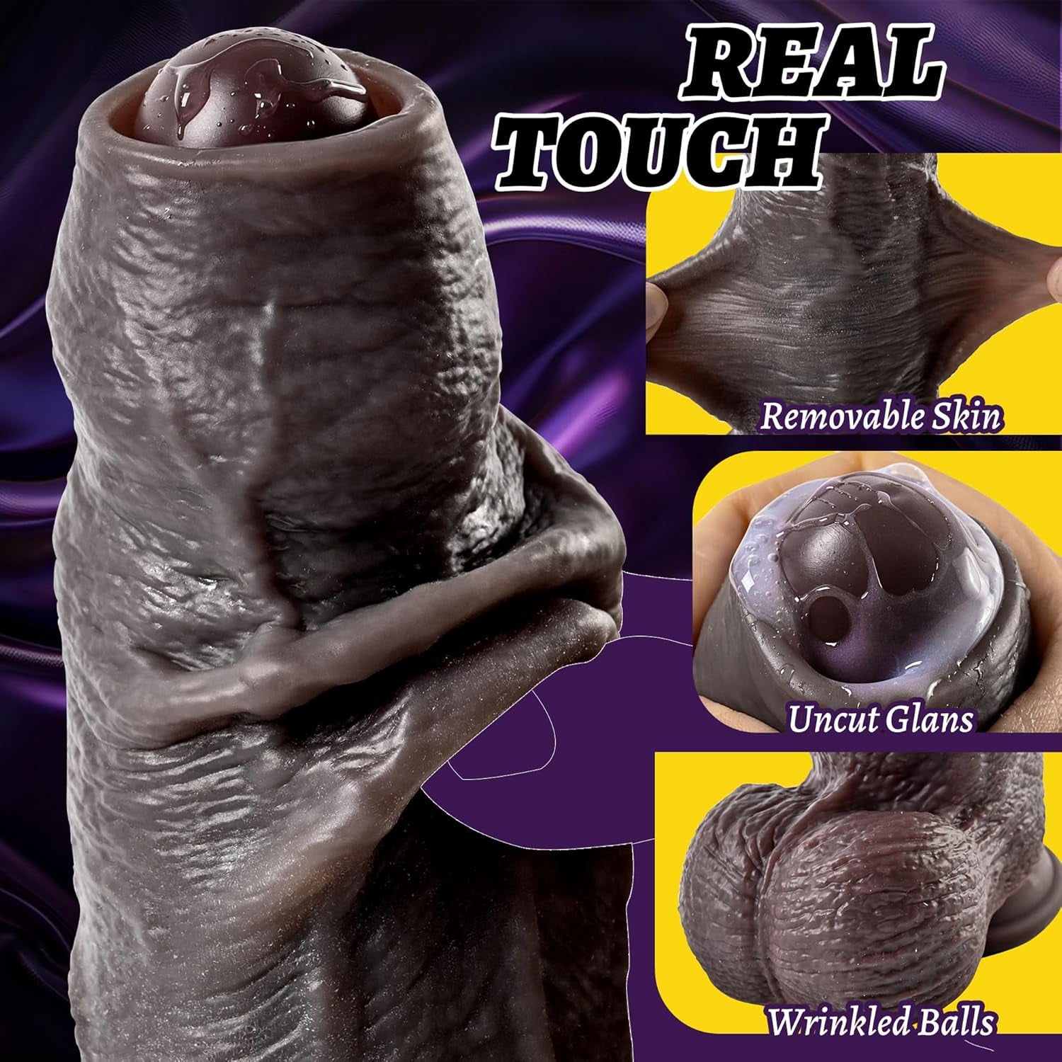 2.4IN Diameter Huge BBC Uncut Dildo, Realistic Big Black Dildo with Movable Foreskin, Real Skin Thick Fake Penis G - Spot Stimulation Adult Sex Toys for Men/Women for Anal Play with Strong Suction Cup - SinfulX - 