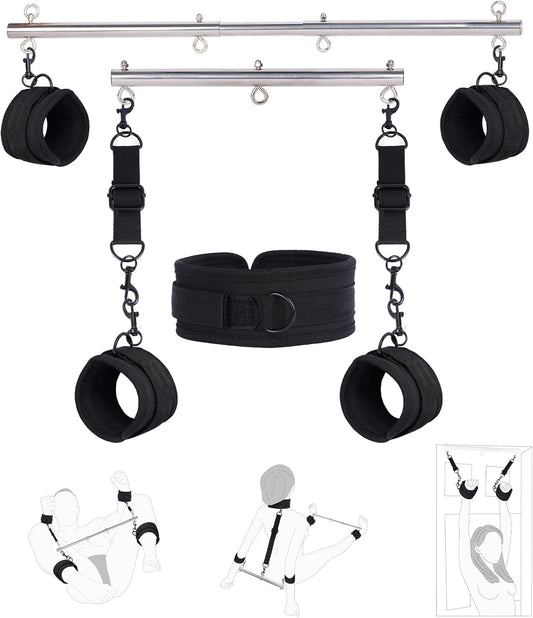 Restraints Bondage Detachable Spreader Bar Sex Toys - Adjustable BDSM Kit with Feather Handcuffs & Ankle Cuffs for Couples | Expandable SM Restraints for Intimate Play & Sensual Bondage (Silver) - SinfulX - 