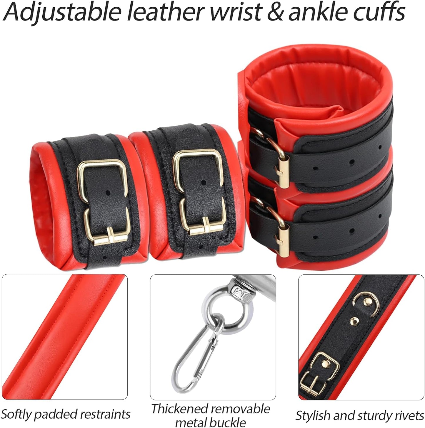 BDSM Bondage Restraints with Handcuffs Ankle Cuffs for Couples Spreader Bar Sex Toys Bondage Gear & Accessories Adjustable Bondage Kit Adult Sex Toys & Games (Red) - SinfulX - 