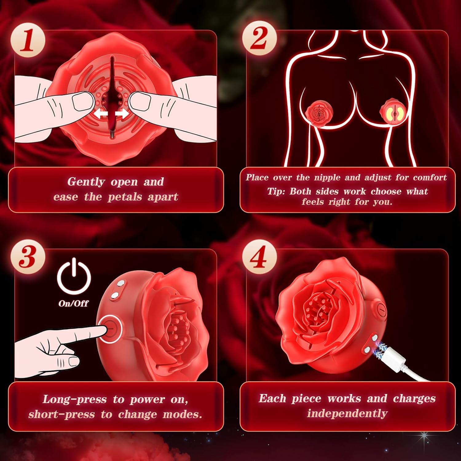 Nipple Sex Toys Vibrator – Rose Vibrating Nipple Clamps & Nipple Toy with Soft Silicone, Adjustable Petal Texture, 9 Vibration Modes, APP Control & Magnetic Dual Charging for Women & Couples