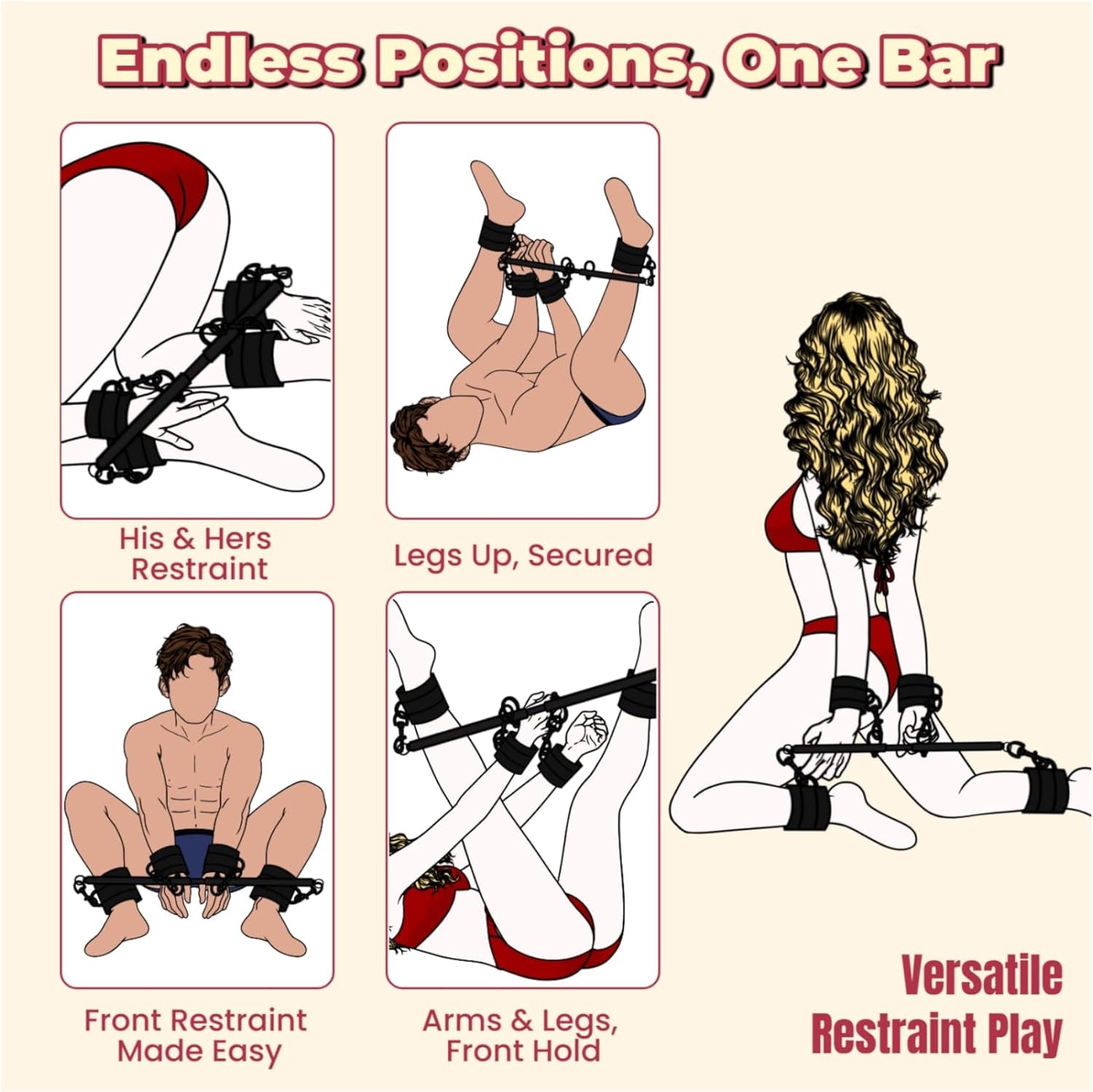 Spreader Bar Sex Toys BDSM Bondage Restraints with Handcuffs Ankle Cuffs for Couples Adults SM Games Adjustable 22 - 36 Inch - SinfulX - 