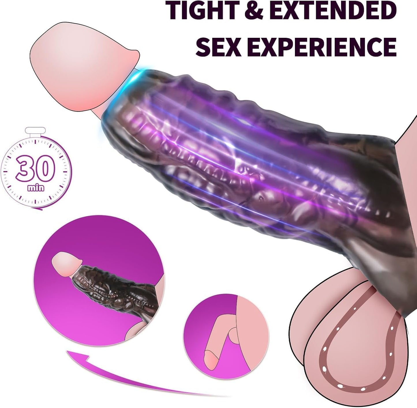 Monster Penis Sleeve with 3 Textures, Girth Enhancer for Men, Soft Silicone Cock Extender, Reusable Penis Sheath for Enlarge & Delay, Realistic Veins Sex Toys for Couples(Black) - SinfulX - 