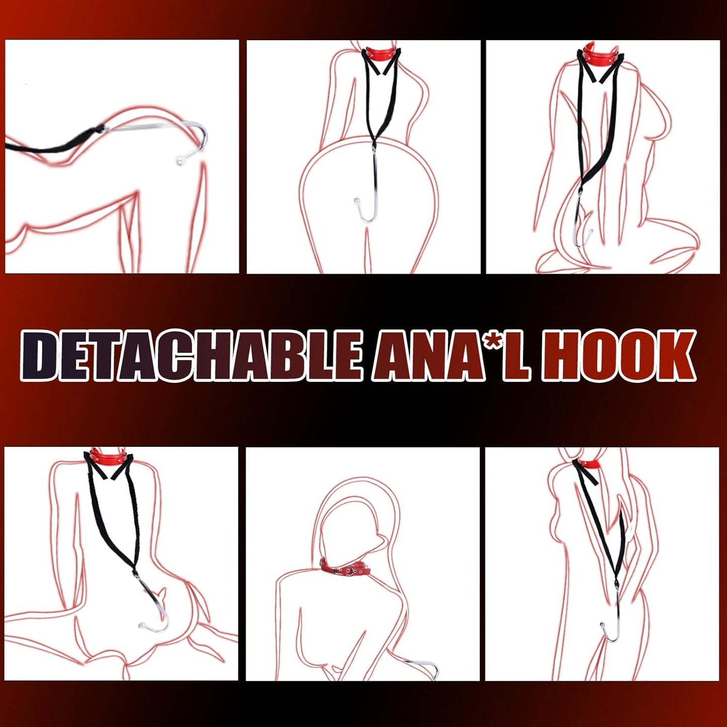 BDSM Anal Hook Sex Bondage Restraint Set with Leather Chain Leash Collar, Stainless Steel Anal Trainer Adult Sex Toys for Men, Adjustable Harness Restraints Kit for SM Couple Role Play Fetish Toy - SinfulX - 