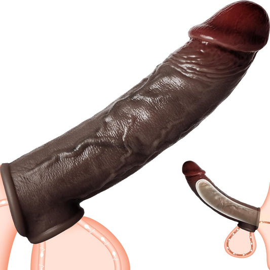 Realistic Penis Sleeve Extender for Men, 8.3'' Silicone Cock Sleeve with Testicle Ring, Reusable Penis Enlarger Delay Ejaculation Enhance Erection Male Adult Sex Toys for Couples by Brown - SinfulX - 