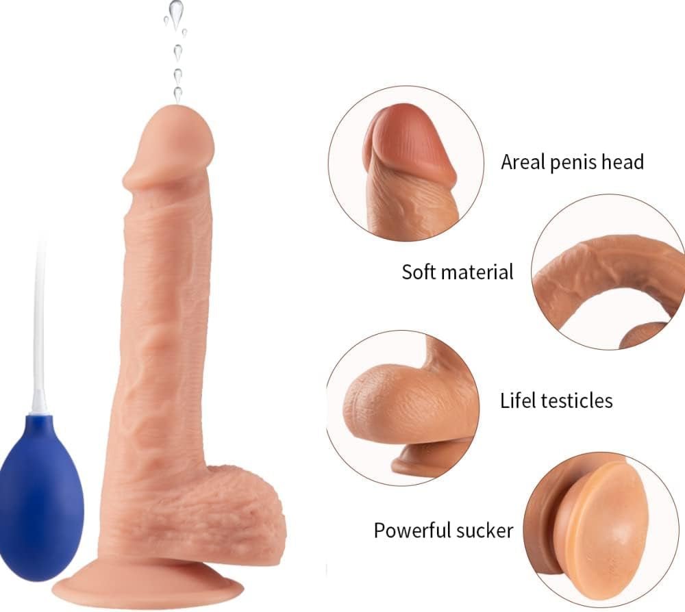 Realistic Squirting Dildo Ejaculating Penis for Beginners with Strong Suction Cup for Hands - Free Play,Soft Dildo with Curved Shaft and Balls for Women G - Spot and Anal Prostate Play 8.47 Inch - SinfulX - 
