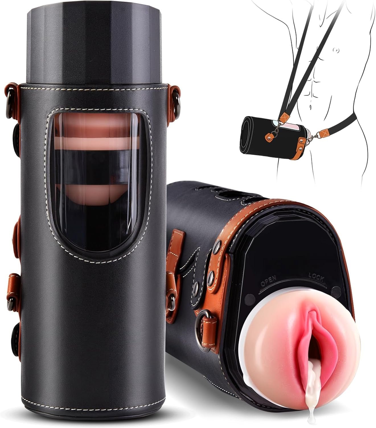 Automatic Male Masturbator Sex Toys - Hands Free Visible Pocket Pussy with 10 Thrusting & 2 Realistic Sleeves & Wearable Strap Adult Toy Blowjob Machine for Men Pleasure | 50Db Quiet - SinfulX - 