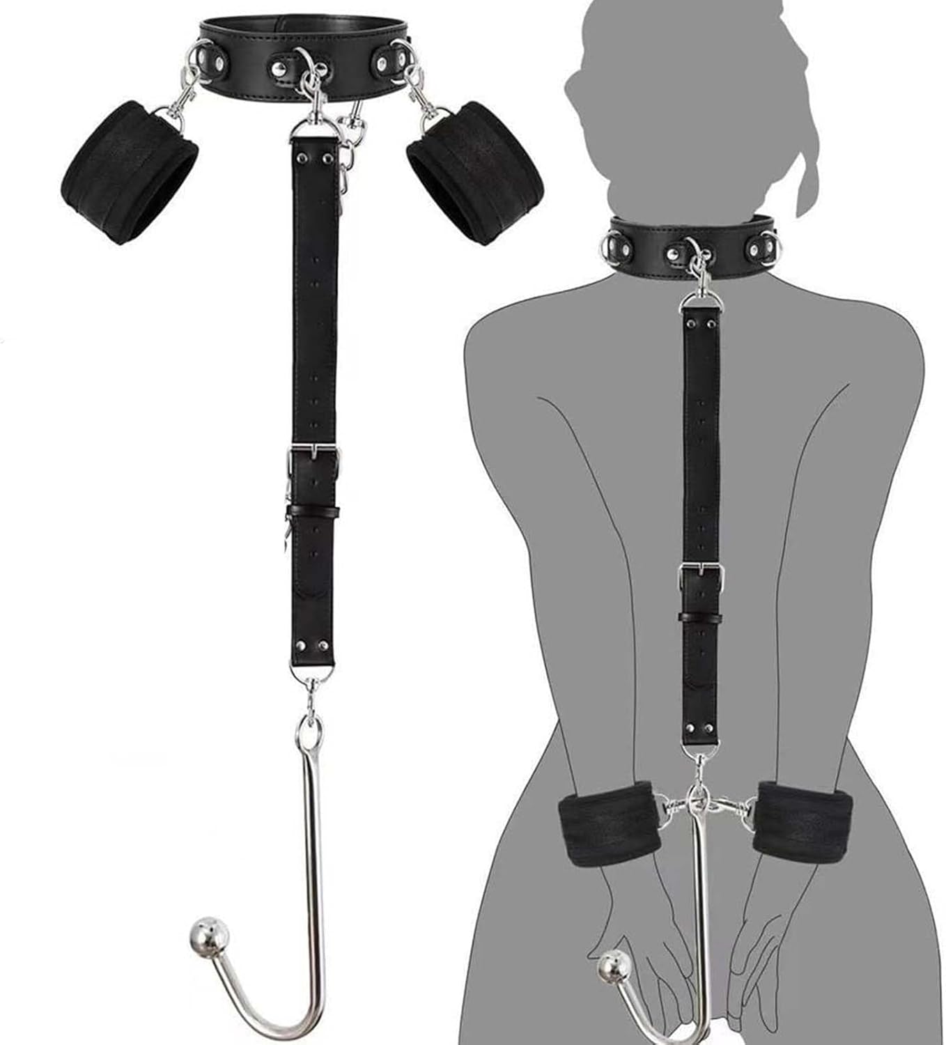 Anal Hook BDSM Set - Neck to Wrist Restraints Sex BDSM Kit Bondage Collar Sex Harness Bondage Gear & Accessories Bondage Toys for Couple Valentines & Halloween Roleplay Gift - SinfulX - 