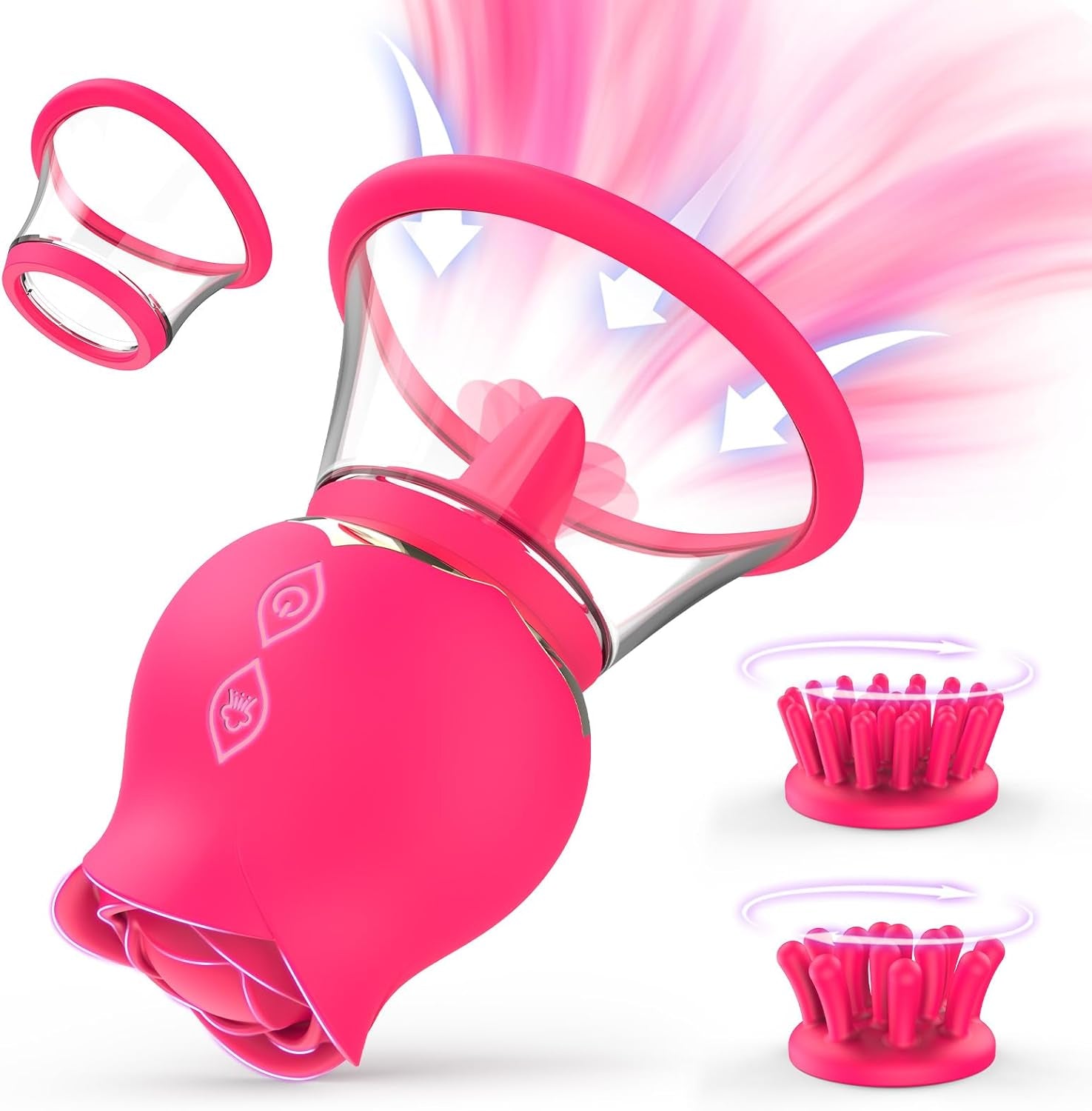 Sucking Vibrator Rose Toy with 3 Brush Heads 2 Removable Cups, Adult Sex Toys Clit Sucker for Clitoral Nipple Stimulation, Nipple Sex Toy Vibrators with 12 Rotation for Women or Couples - SinfulX - 