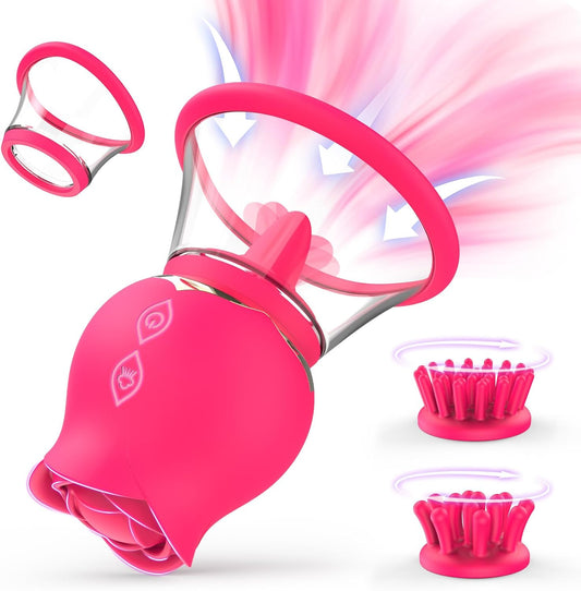 Sucking Vibrator Rose Toy with 3 Brush Heads 2 Removable Cups, Adult Sex Toys Clit Sucker for Clitoral Nipple Stimulation, Nipple Sex Toy Vibrators with 12 Rotation for Women or Couples - SinfulX - 