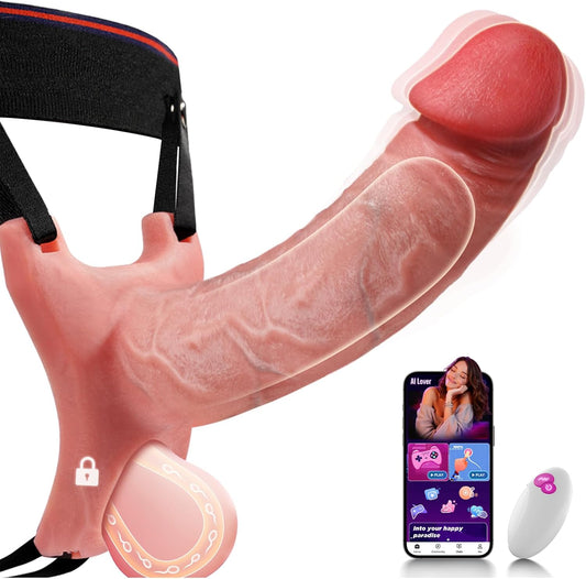 Strap-On Penis Sleeve Sex Toys -  5IN1 Hollow Strap on Dildo Male Vibrator, Realistic Cock Sleeve Adult Toy with Upgraded APP Remote Control, Vibrating Cock Ring Sex Toys for Men Couples